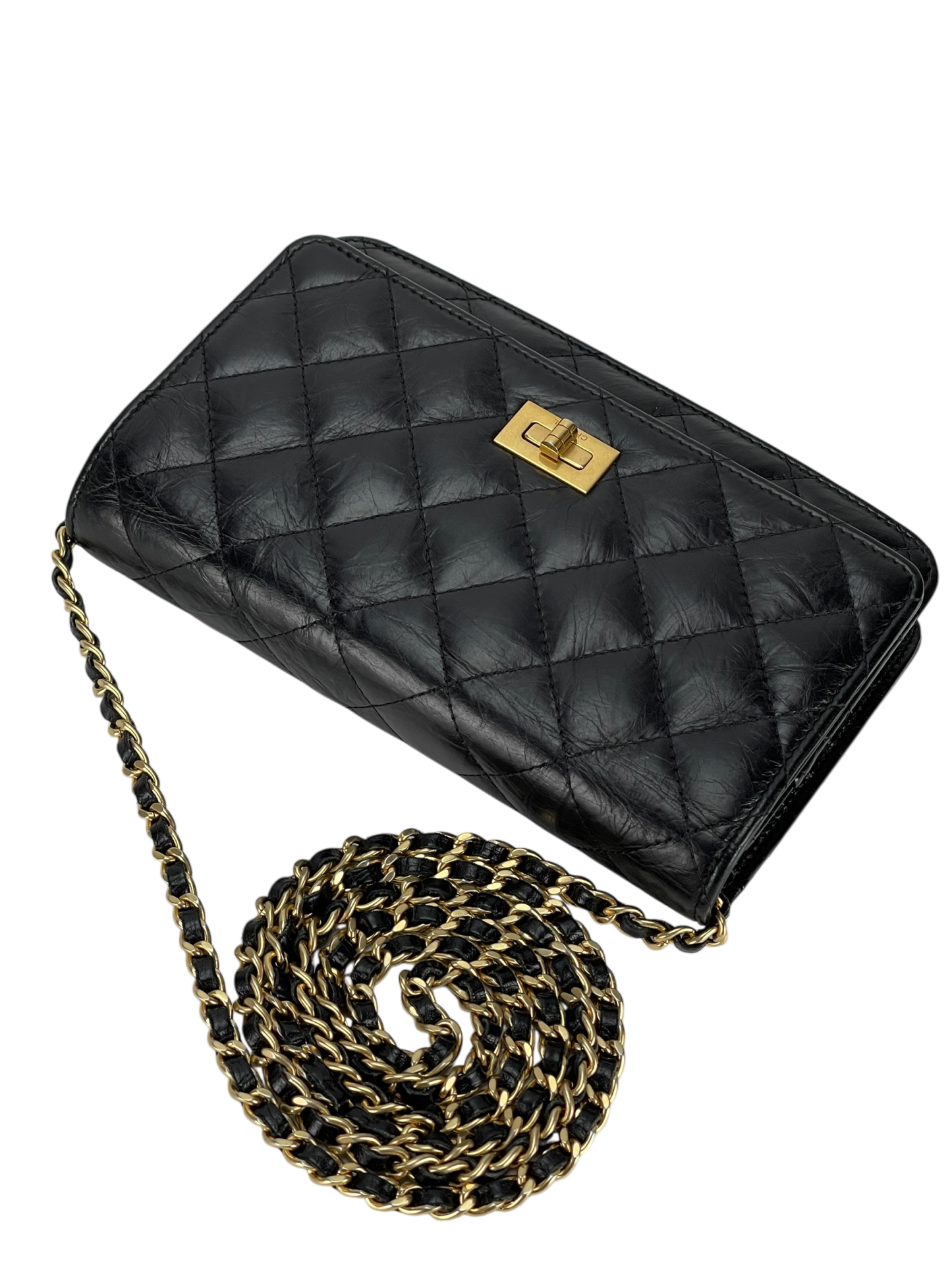 CHANEL - 2.55 Black Calfskin Wallet On Chain Gold-Tone Metal (WOC)