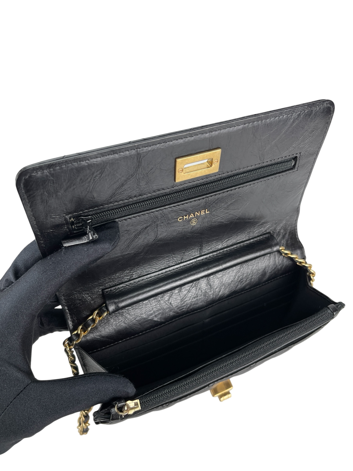 CHANEL - 2.55 Black Calfskin Wallet On Chain Gold-Tone Metal (WOC)