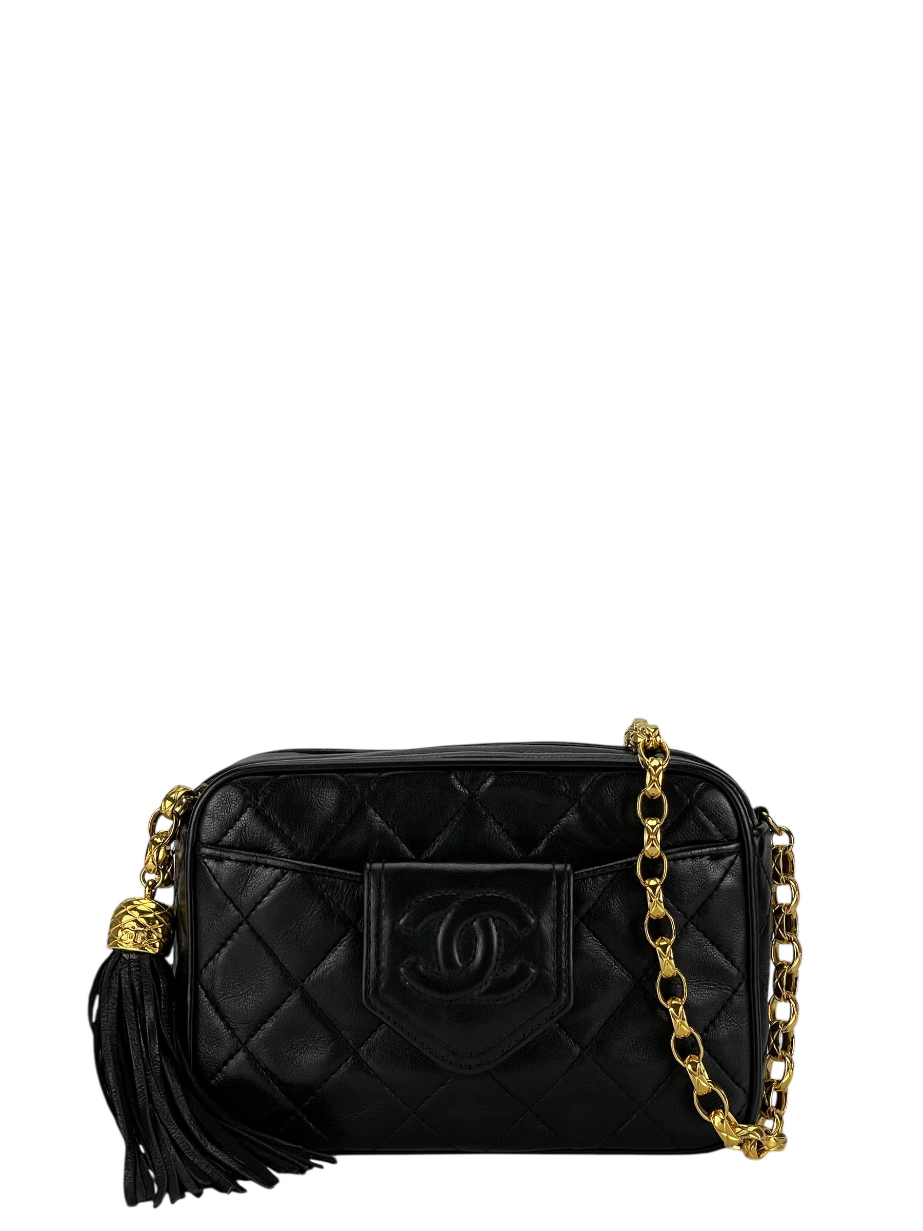 CHANEL - Black Lambskin Mini Chain Shoulder Camera Bag 