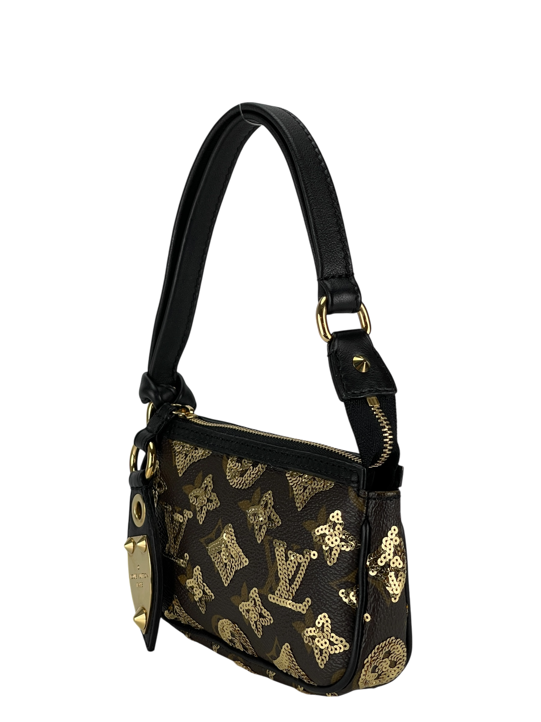 LOUIS VUITTON - Monogram Eclipse Accessory Mini Pochette Handbag Brown Gold Hardware