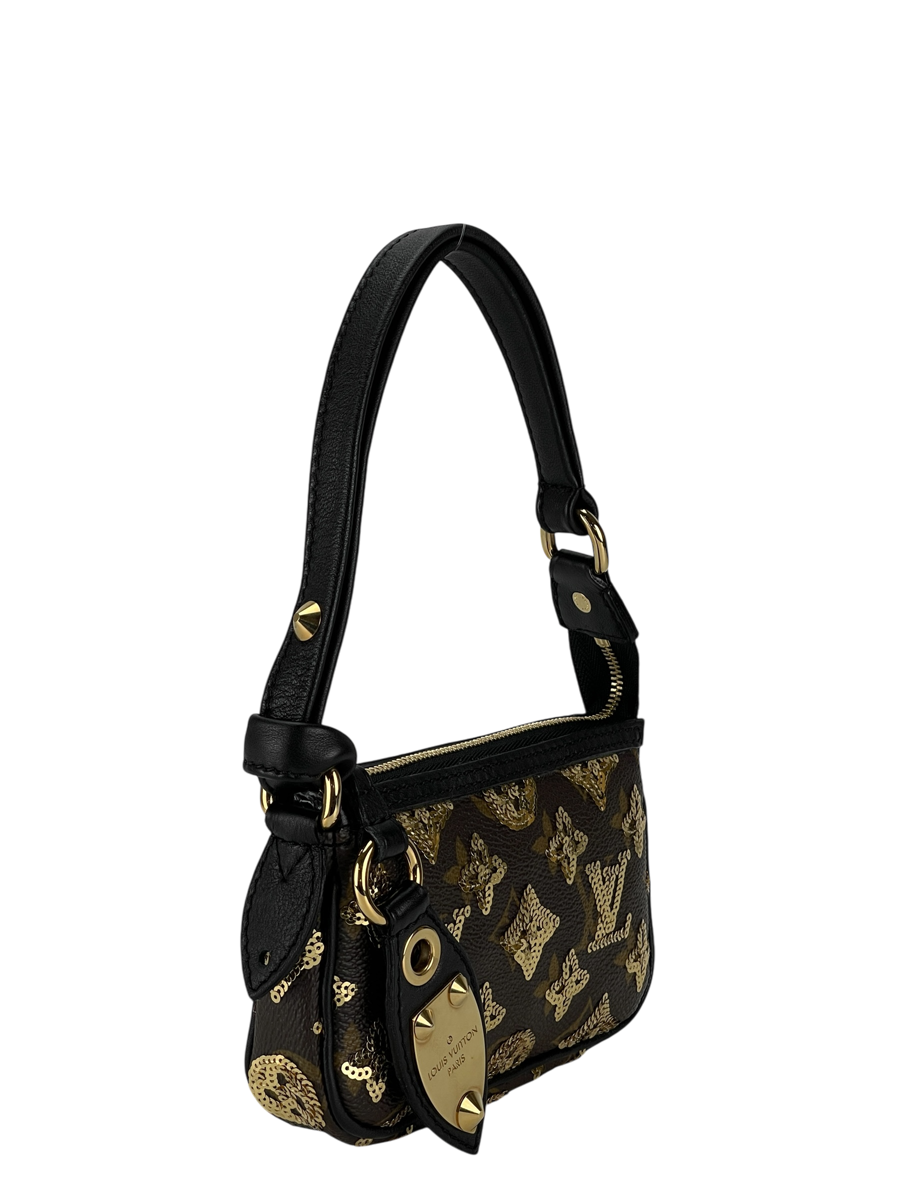 LOUIS VUITTON - Monogram Eclipse Accessory Mini Pochette Handbag Brown Gold Hardware