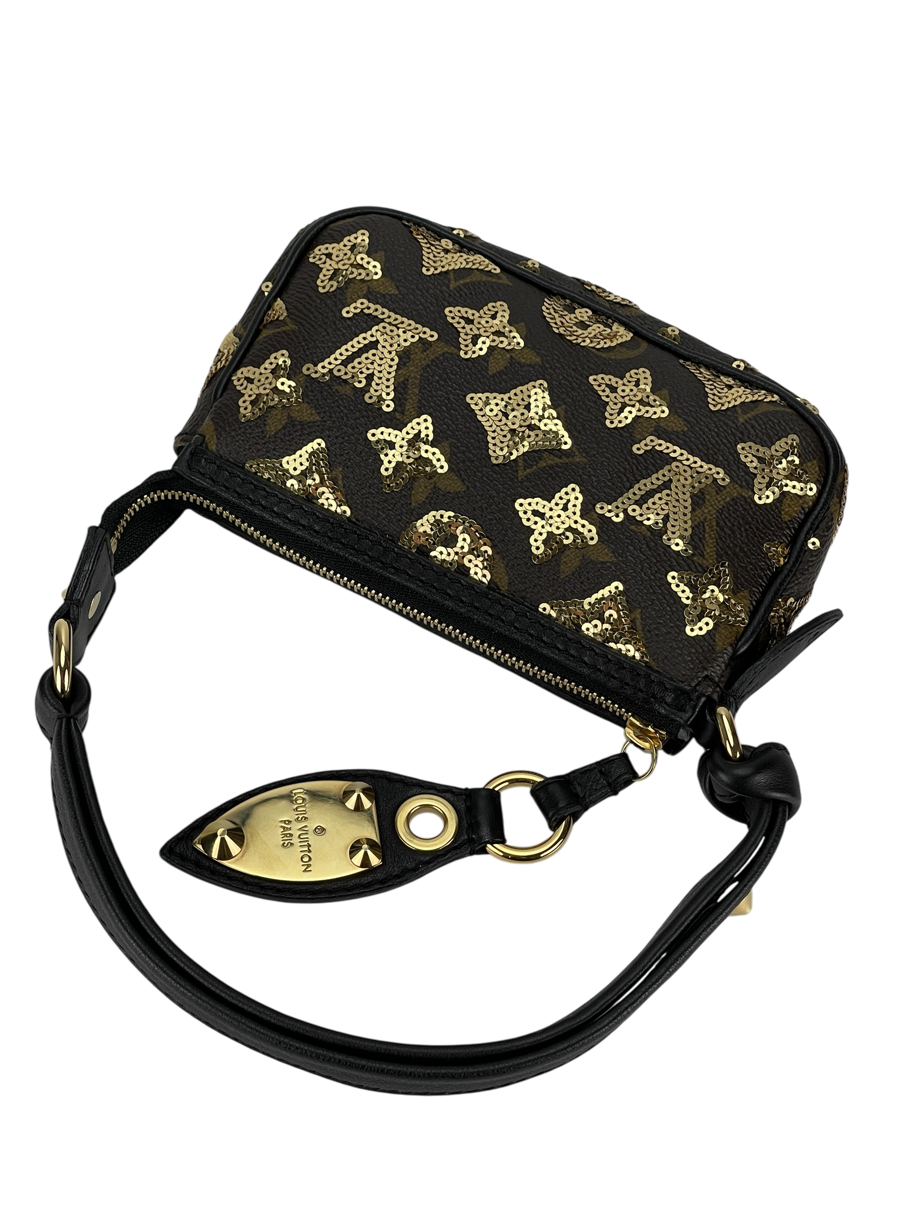 LOUIS VUITTON - Monogram Eclipse Accessory Mini Pochette Handbag Brown Gold Hardware