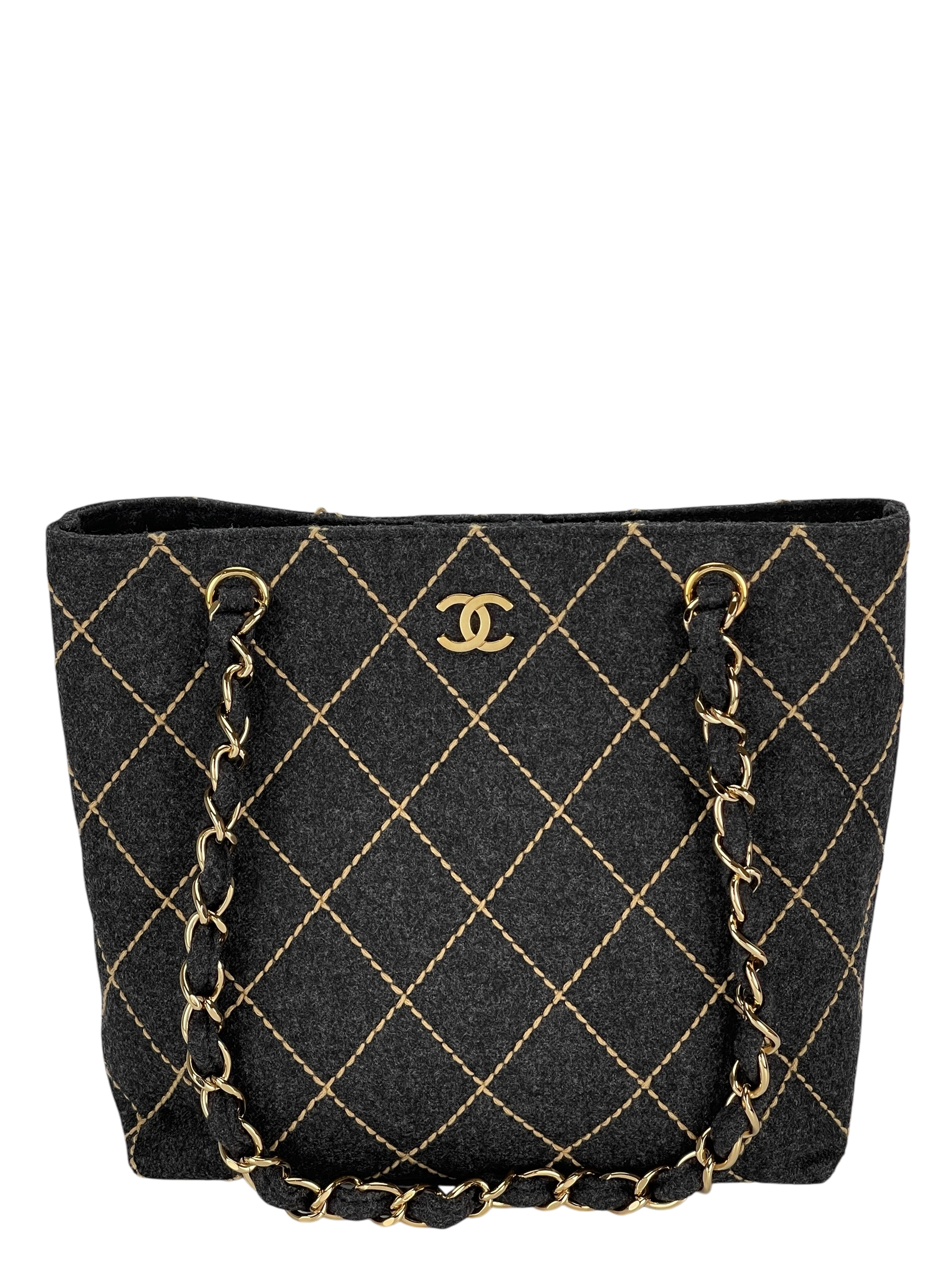 CHANEL - Grey Wild Stitch Wool Chain Tote Bag