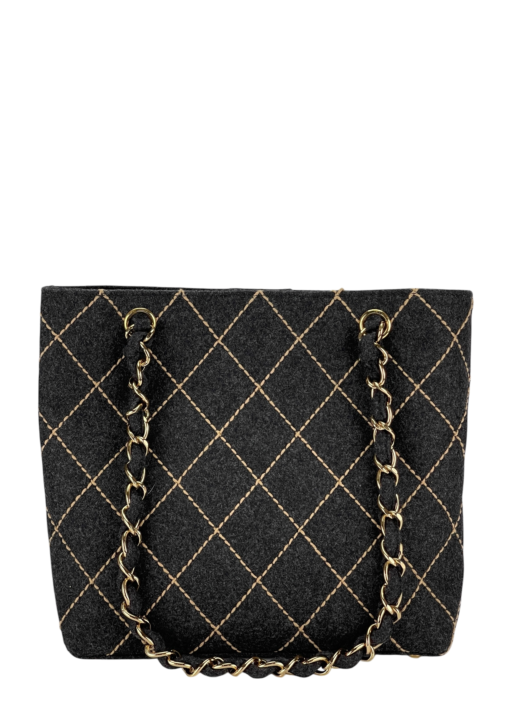 CHANEL - Grey Wild Stitch Wool Chain Tote Bag