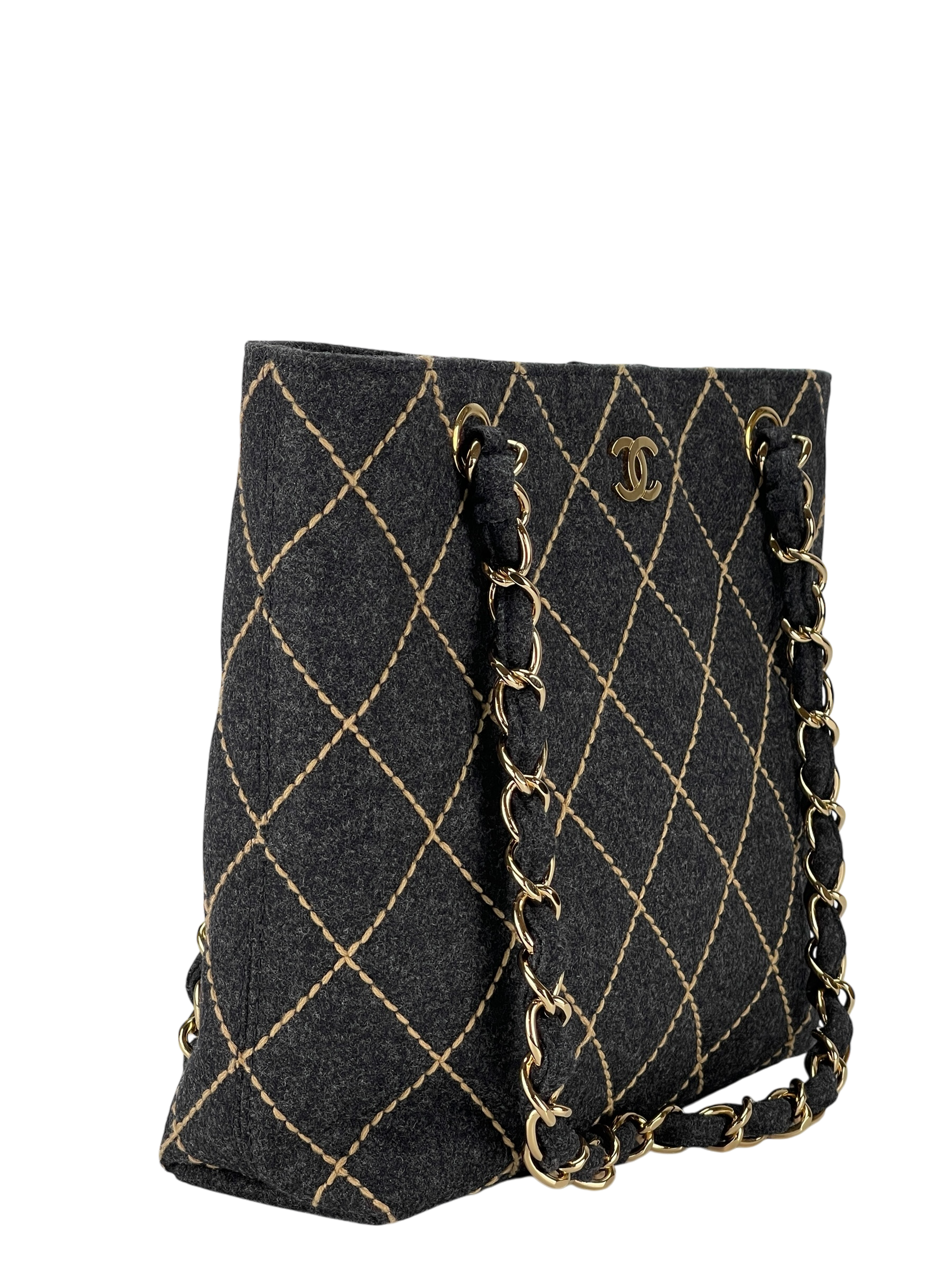 CHANEL - Grey Wild Stitch Wool Chain Tote Bag