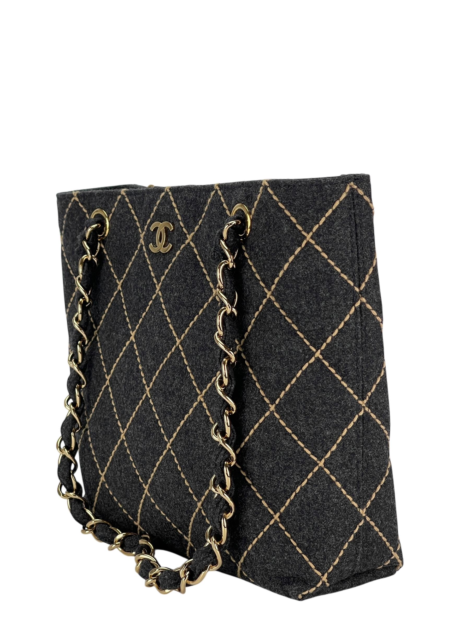 CHANEL - Grey Wild Stitch Wool Chain Tote Bag