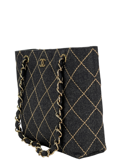CHANEL - Grey Wild Stitch Wool Chain Tote Bag
