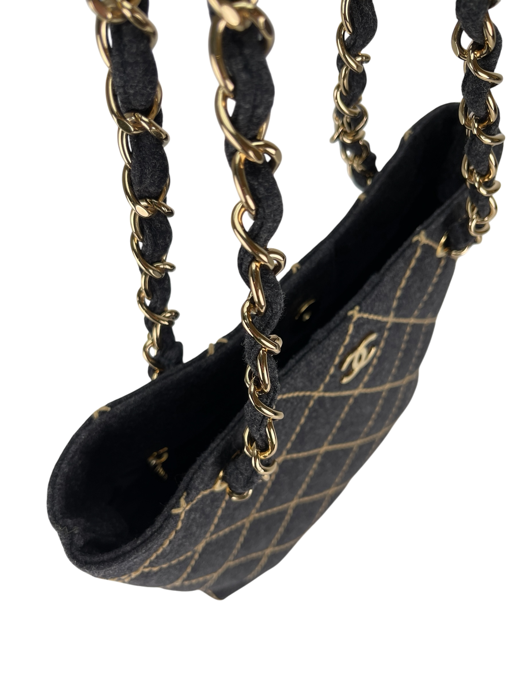 CHANEL - Grey Wild Stitch Wool Chain Tote Bag
