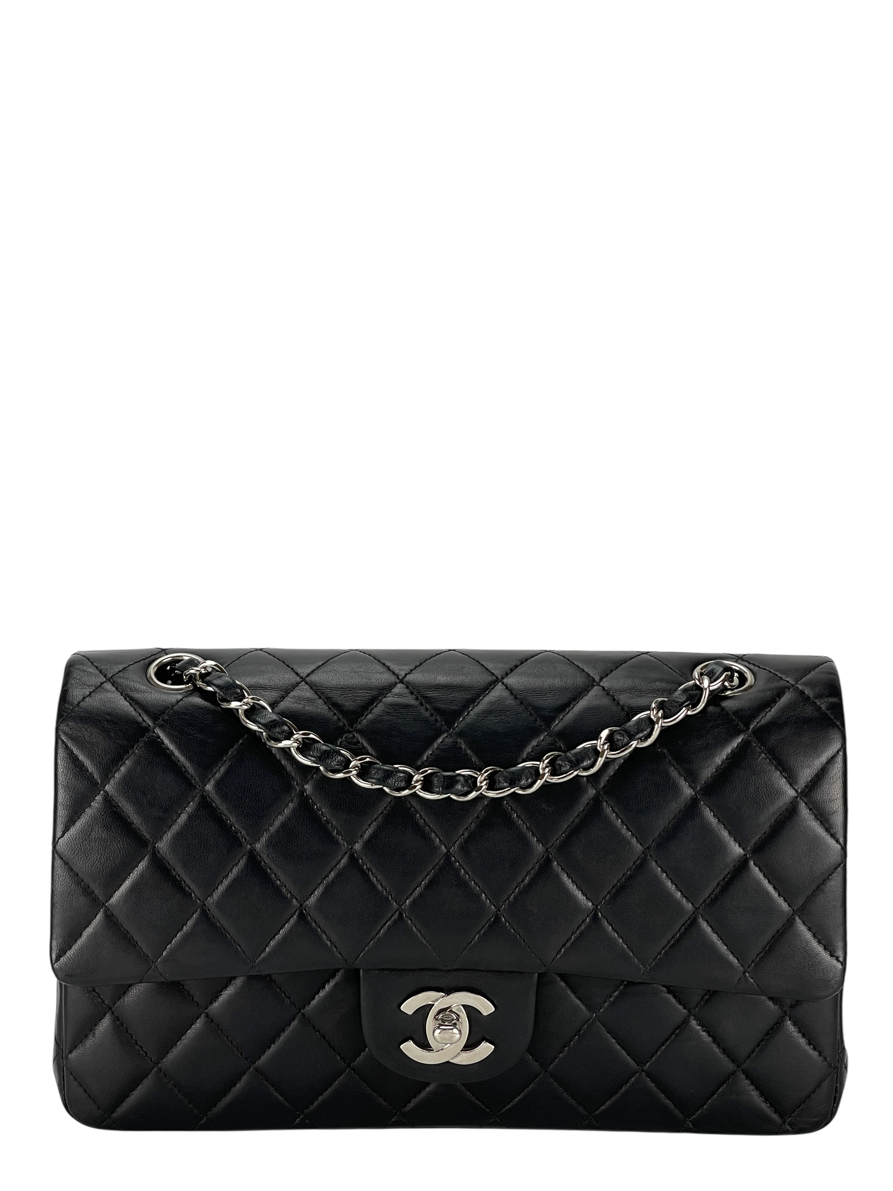 CHANEL - Medium Classic Double Flap Bag Black Lambskin Sliver Hardware (CF25)
