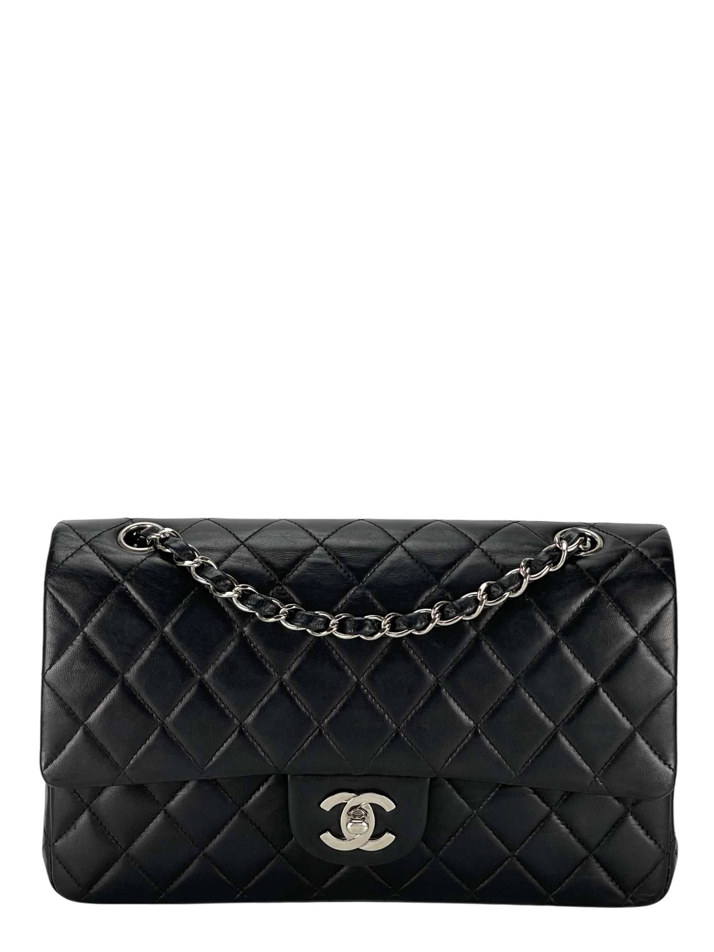CHANEL - Medium Classic Double Flap Bag Black Lambskin Sliver Hardware (CF25)