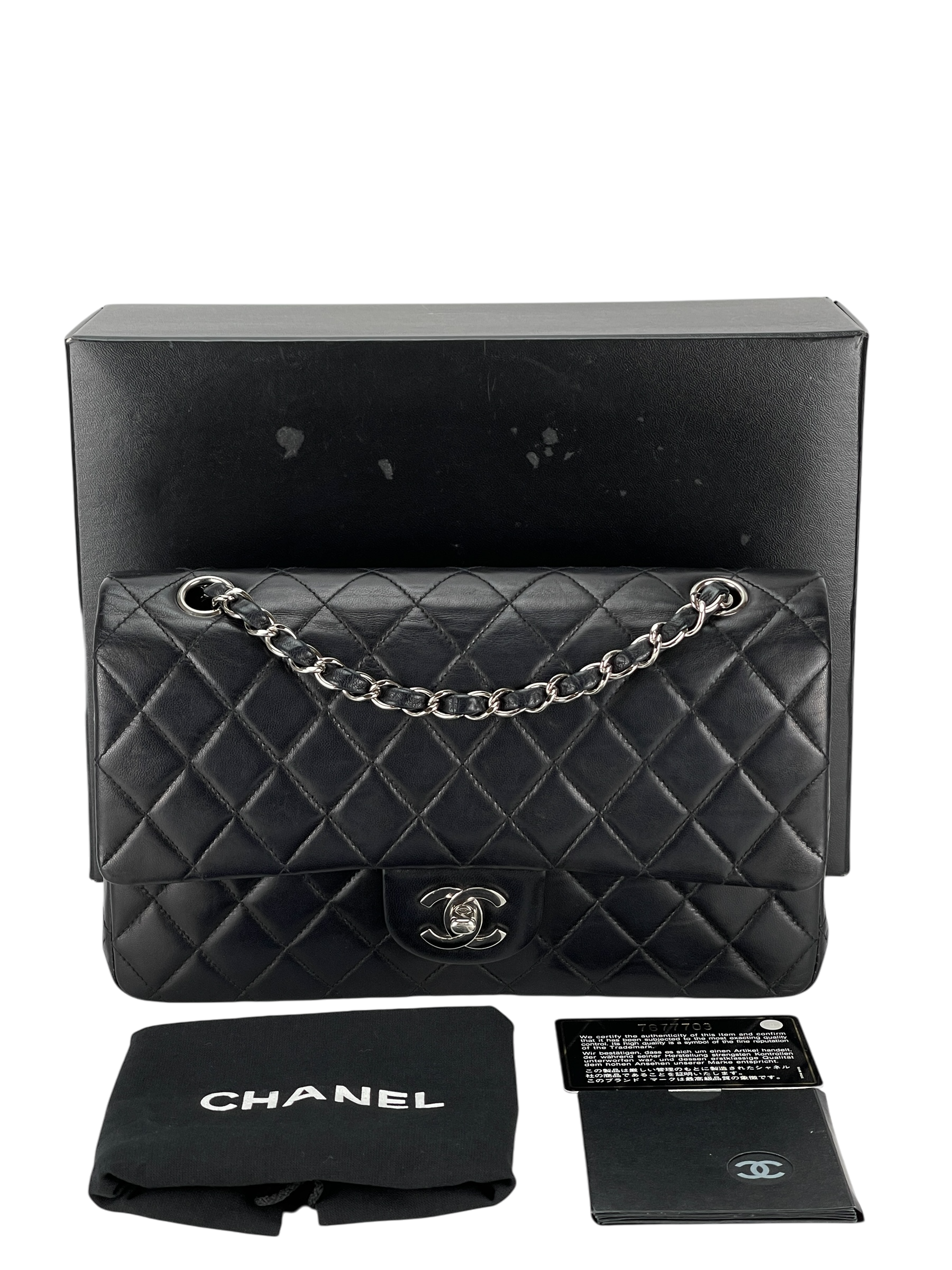 CHANEL - Medium Classic Double Flap Bag Black Lambskin Sliver Hardware (CF25)