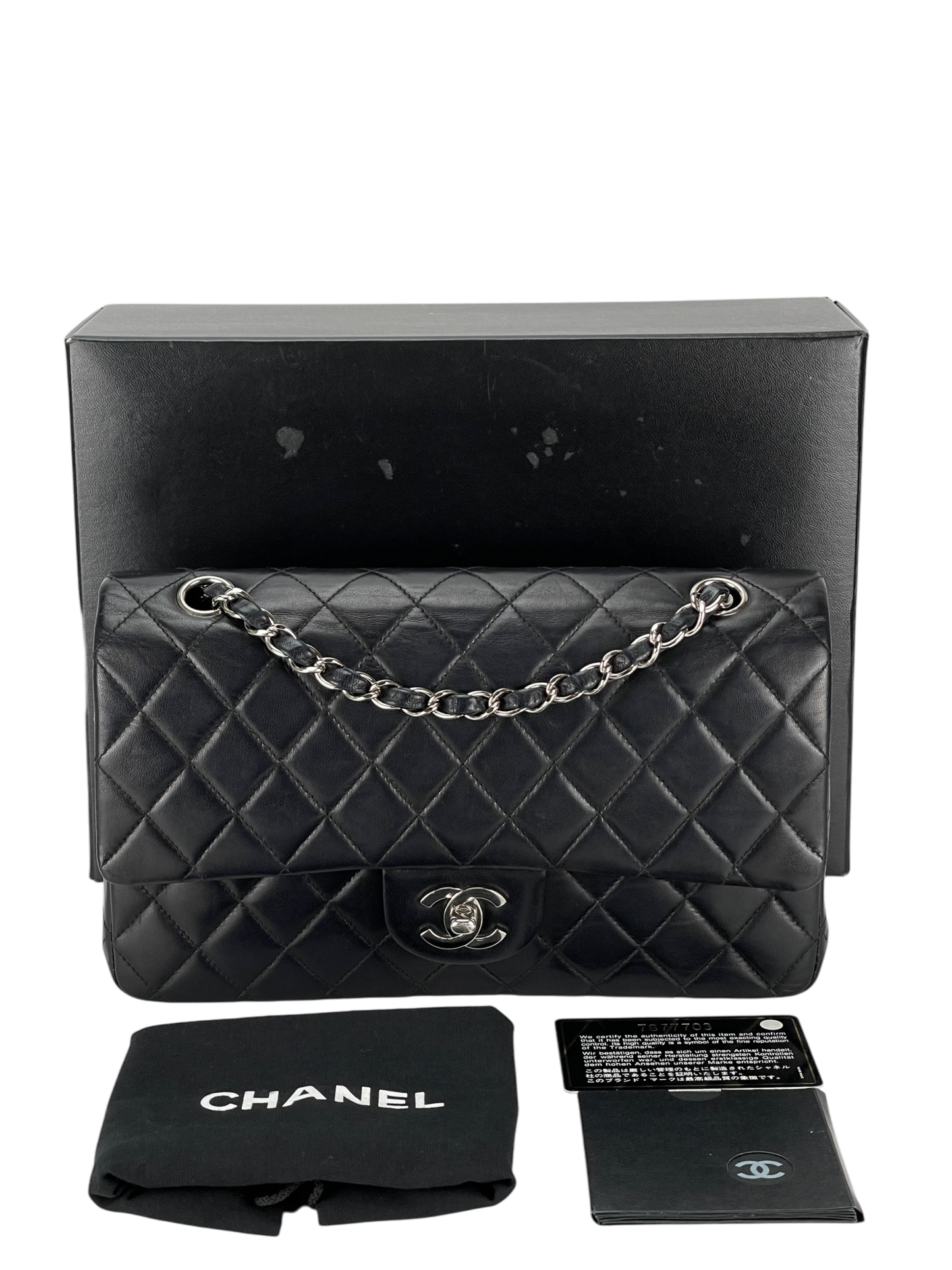 CHANEL - Medium Classic Double Flap Bag Black Lambskin Sliver Hardware (CF25)