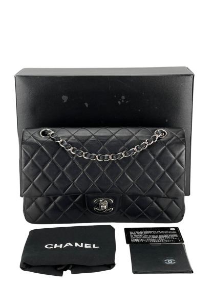 CHANEL - Medium Classic Double Flap Bag Black Lambskin Sliver Hardware (CF25)