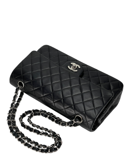 CHANEL - Medium Classic Double Flap Bag Black Lambskin Sliver Hardware (CF25)