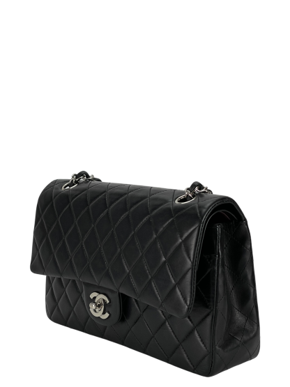 CHANEL - Medium Classic Double Flap Bag Black Lambskin Sliver Hardware (CF25)