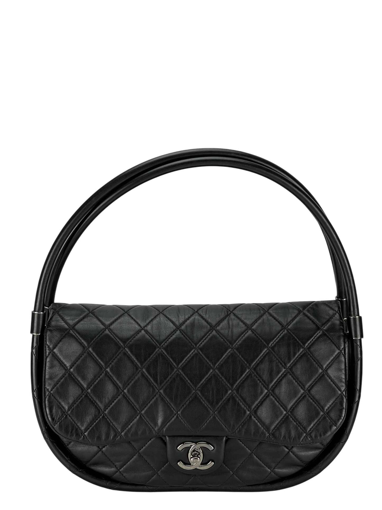 CHANEL - Hula Hoop Black Lambskin Shoulder Bag Handbag Sliver Hardware
