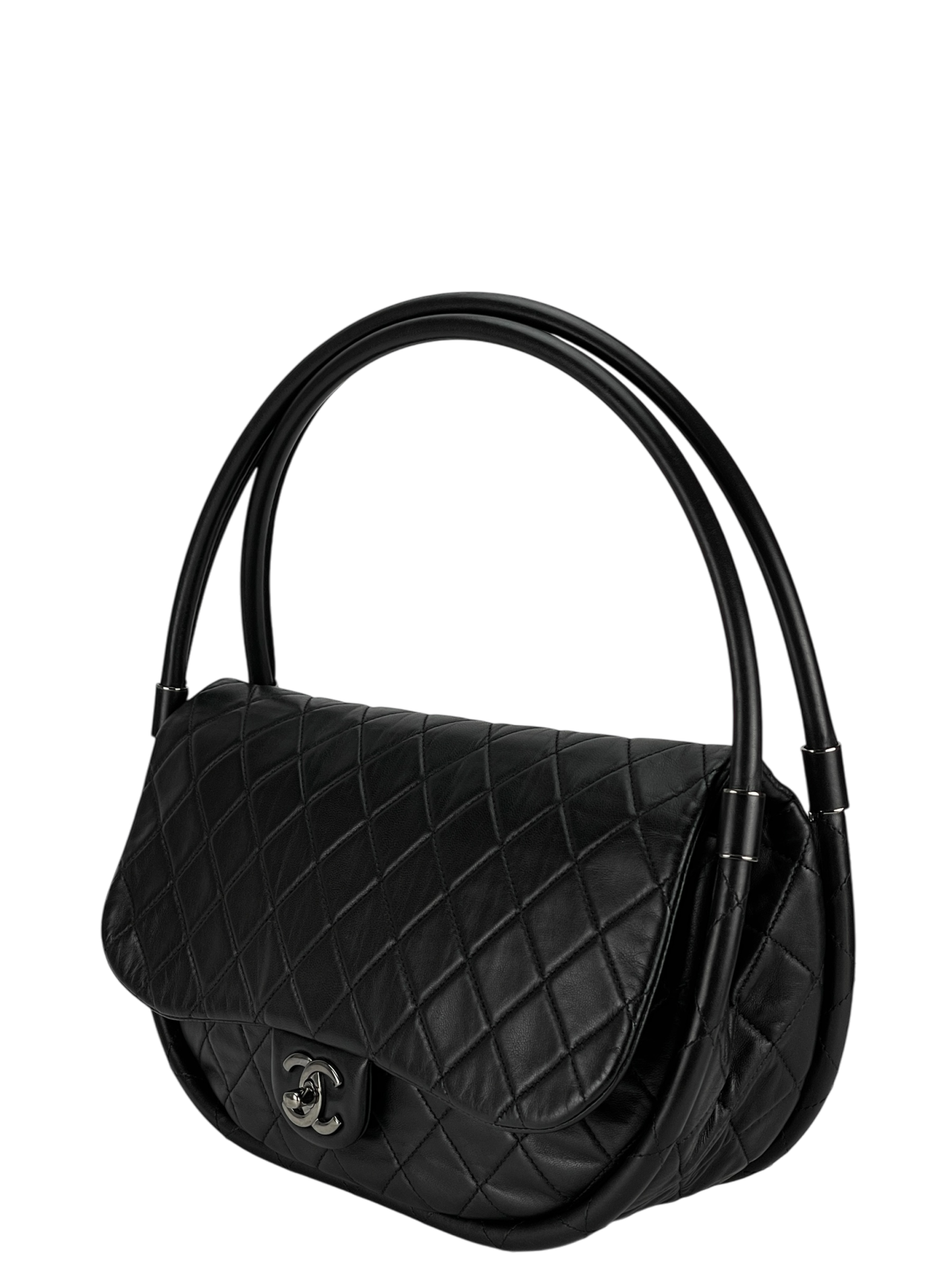 CHANEL - Hula Hoop Black Lambskin Shoulder Bag Handbag Sliver Hardware