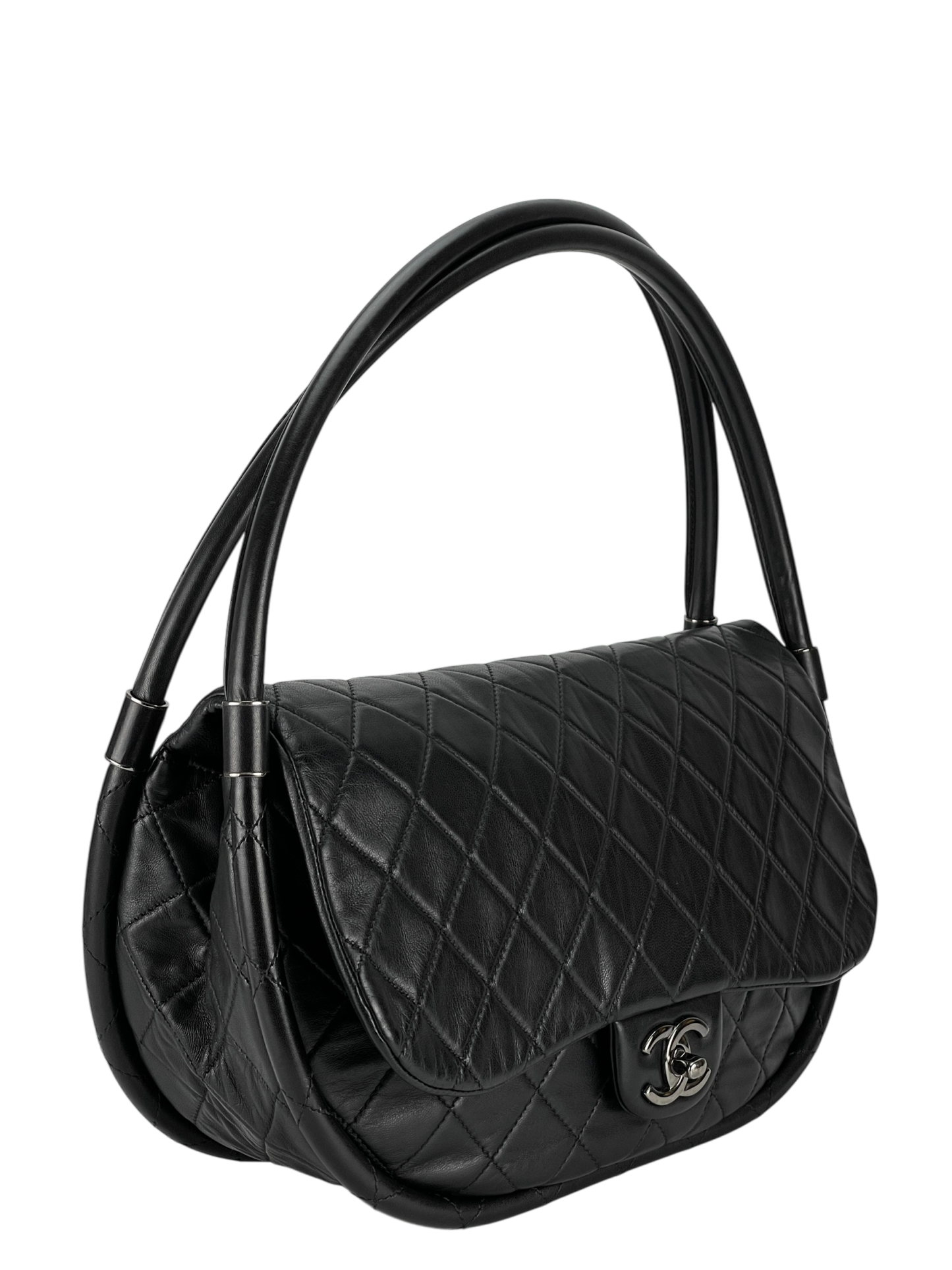 CHANEL - Hula Hoop Black Lambskin Shoulder Bag Handbag Sliver Hardware