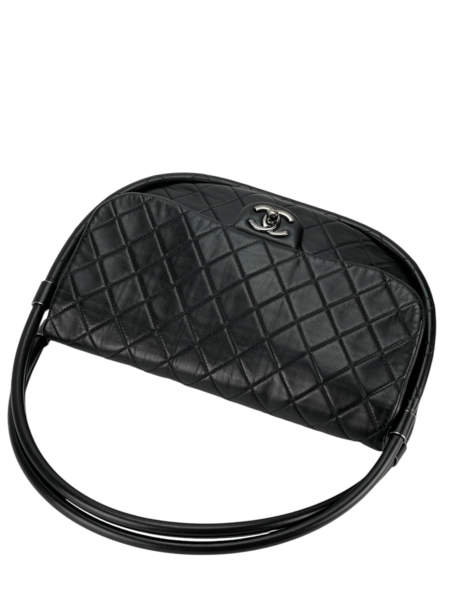 CHANEL - Hula Hoop Black Lambskin Shoulder Bag Handbag Sliver Hardware