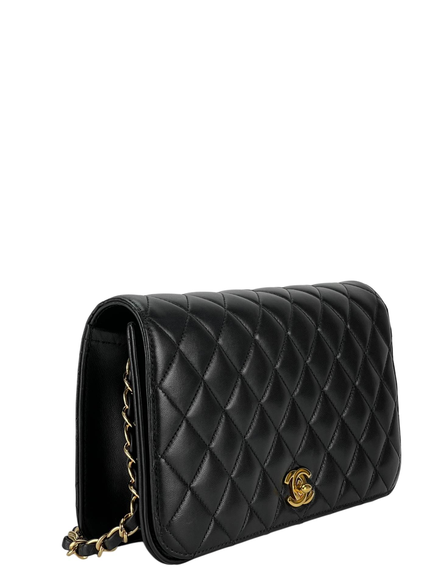 CHANEL - Black Lambskin Turn Lock Full flap Chain Shoulder Bag