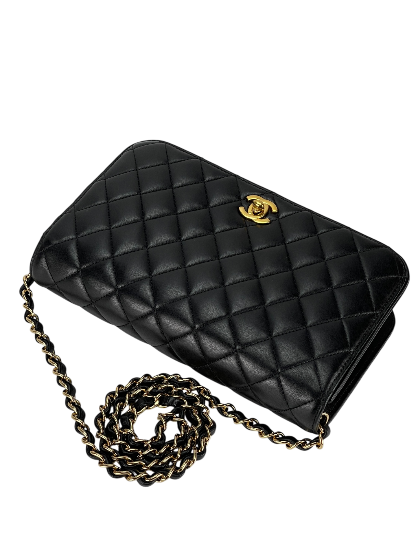 CHANEL - Black Lambskin Turn Lock Full flap Chain Shoulder Bag