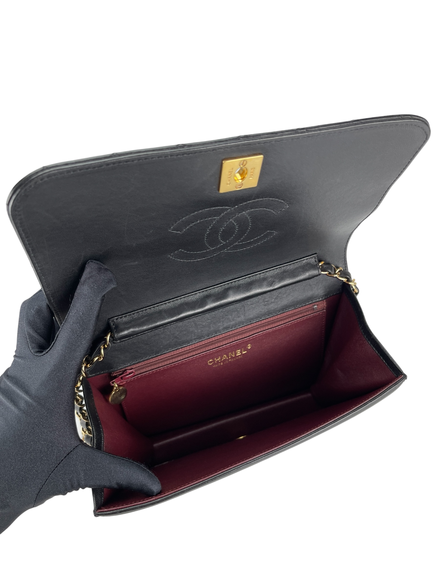 CHANEL - Black Lambskin Turn Lock Full flap Chain Shoulder Bag