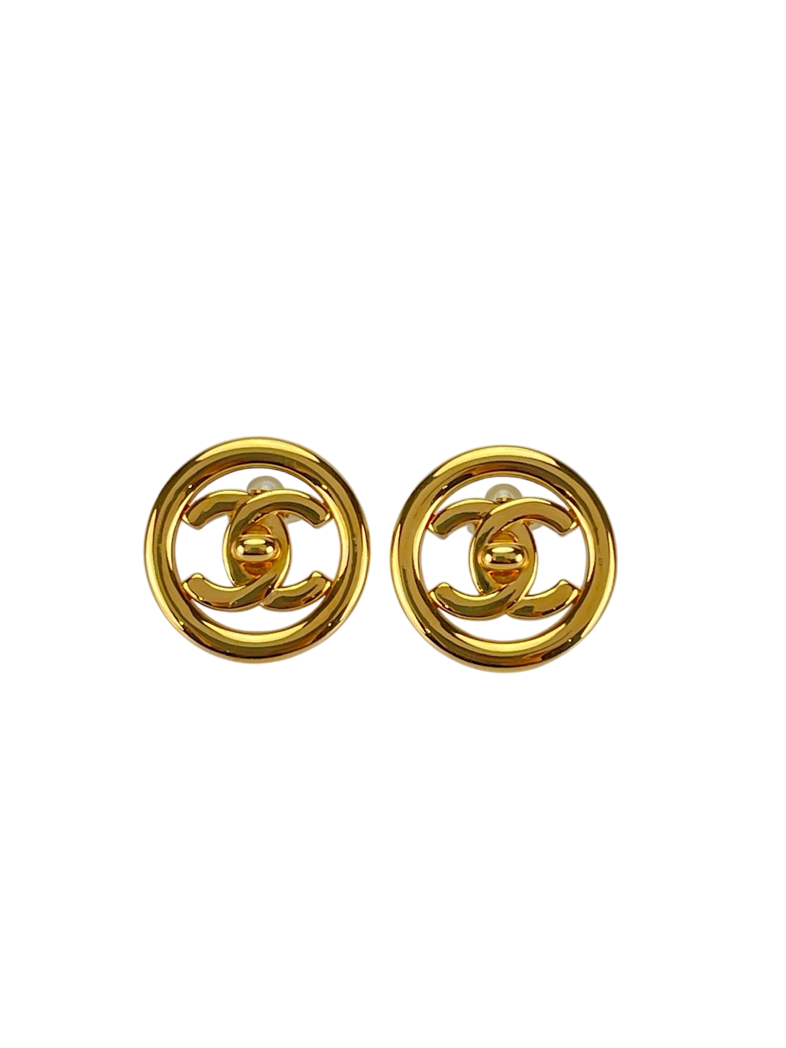 CHANEL - Gold Plated CC Logo Turnlock Round Clip Earrings