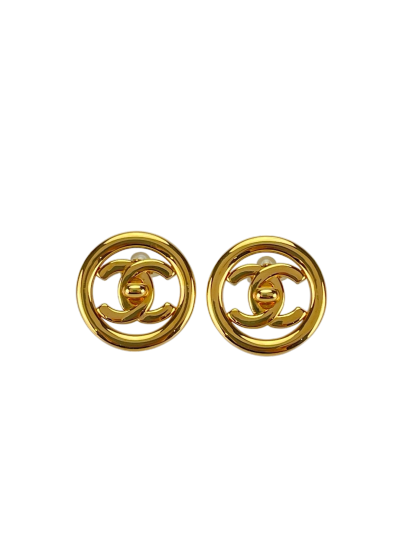 CHANEL - Gold Plated CC Logo Turnlock Round Clip Earrings