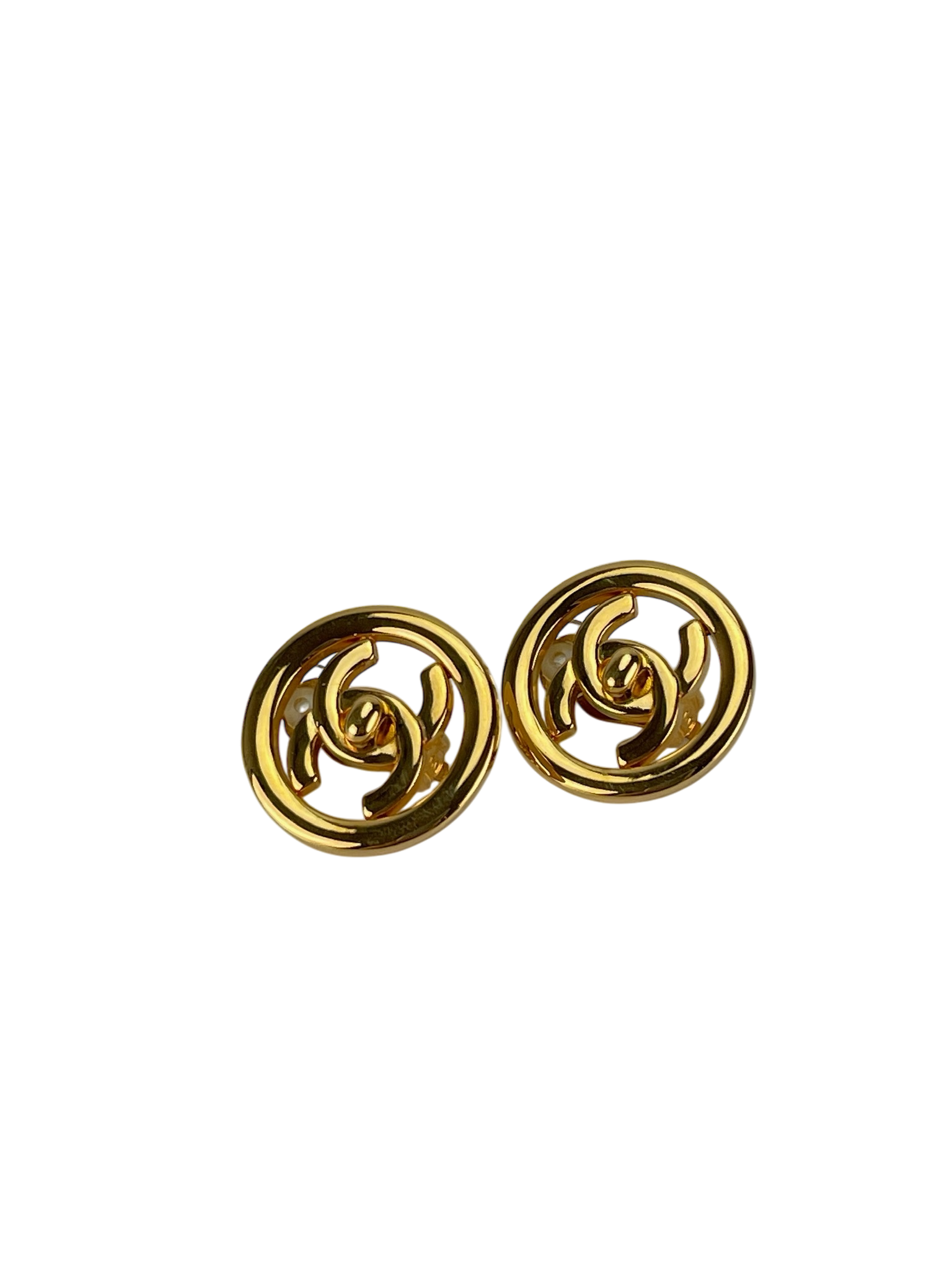 CHANEL - Gold Plated CC Logo Turnlock Round Clip Earrings