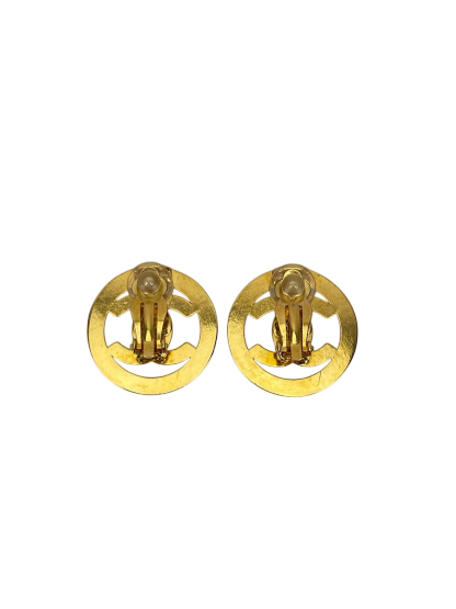 CHANEL - Gold Plated CC Logo Turnlock Round Clip Earrings