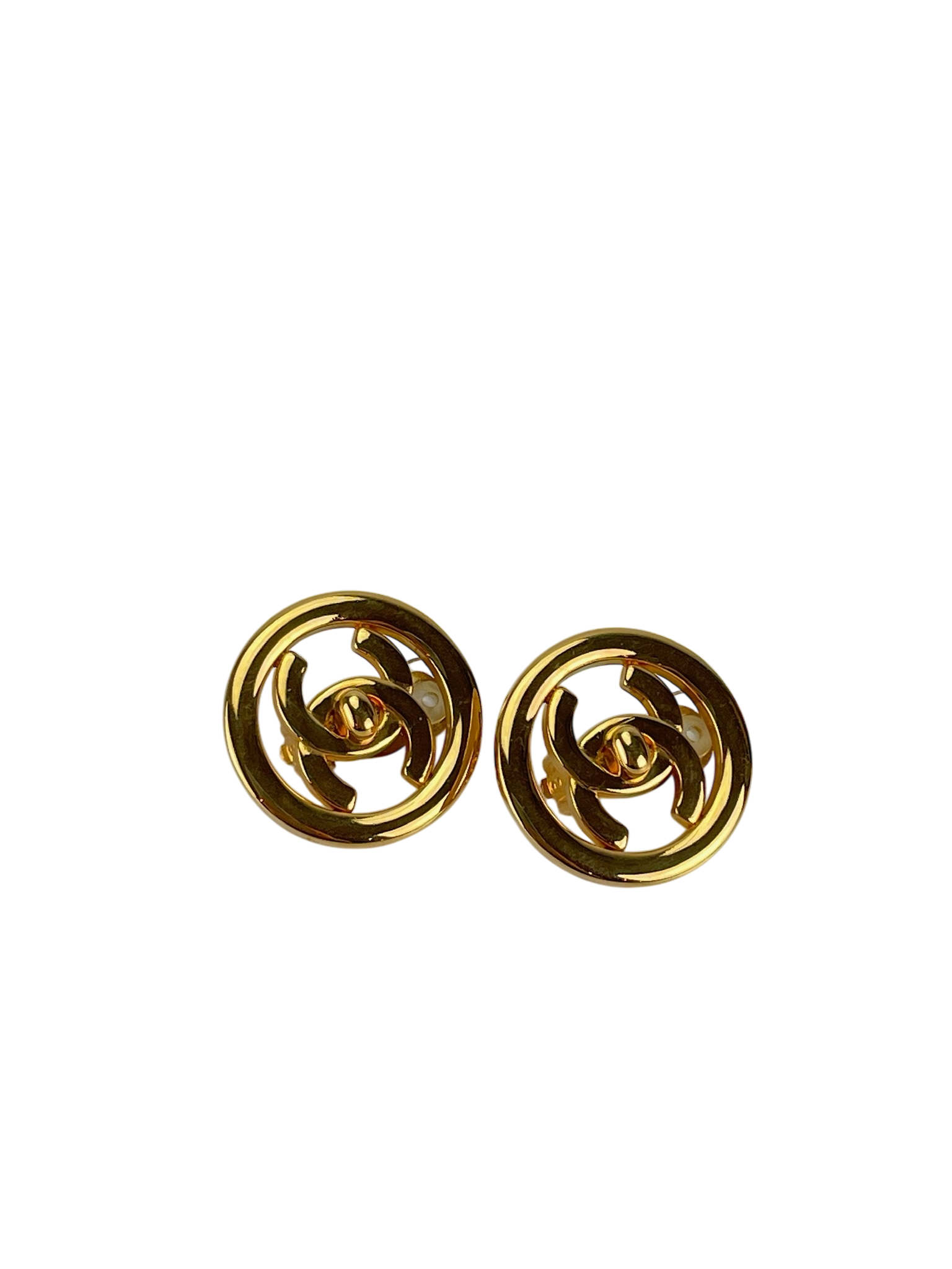 CHANEL - Gold Plated CC Logo Turnlock Round Clip Earrings