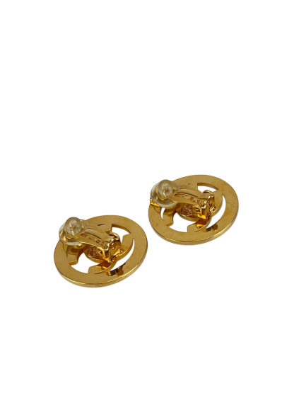 CHANEL - Gold Plated CC Logo Turnlock Round Clip Earrings