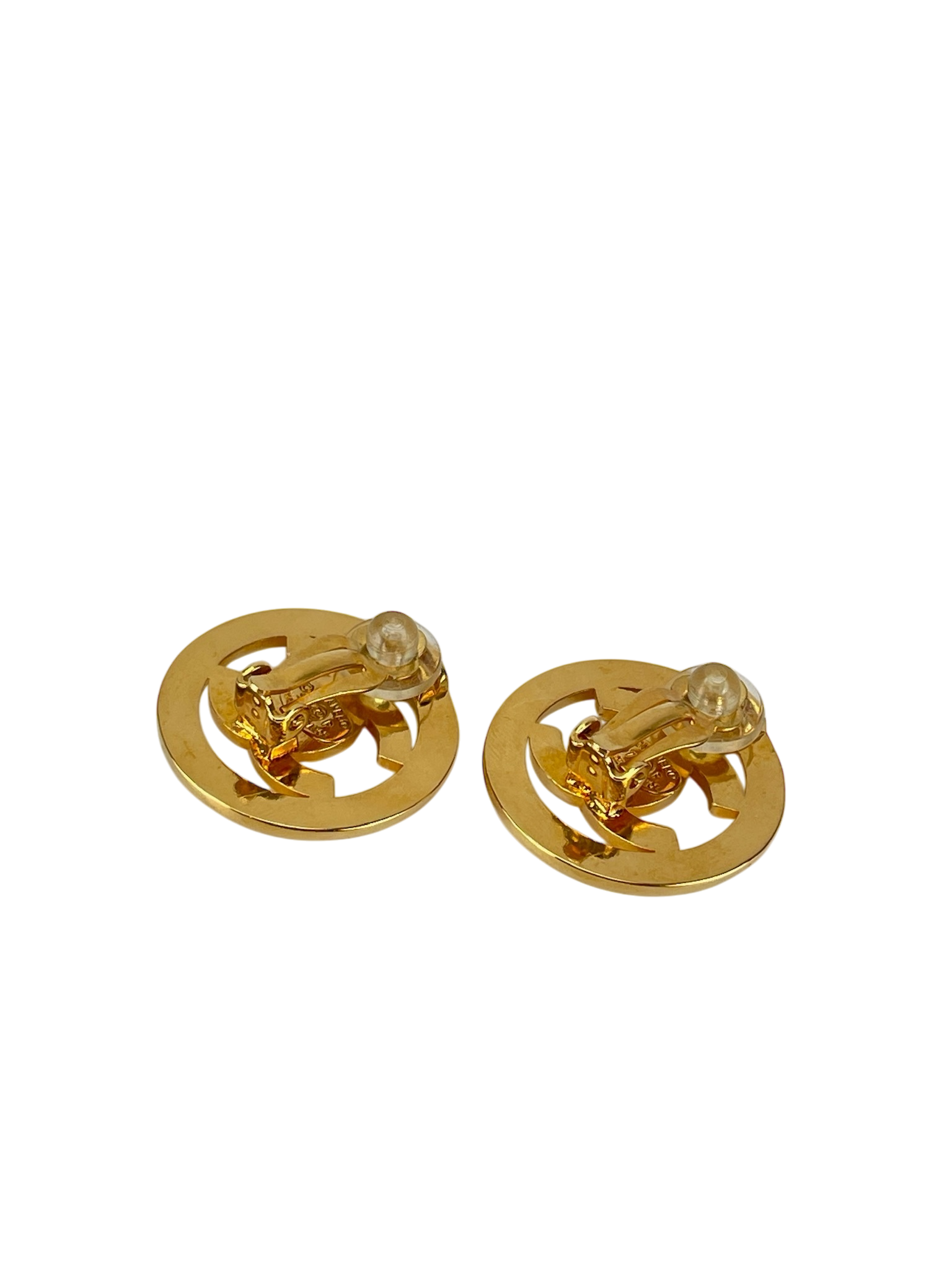 CHANEL - Gold Plated CC Logo Turnlock Round Clip Earrings