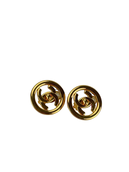 CHANEL - Gold Plated CC Logo Turnlock Round Clip Earrings