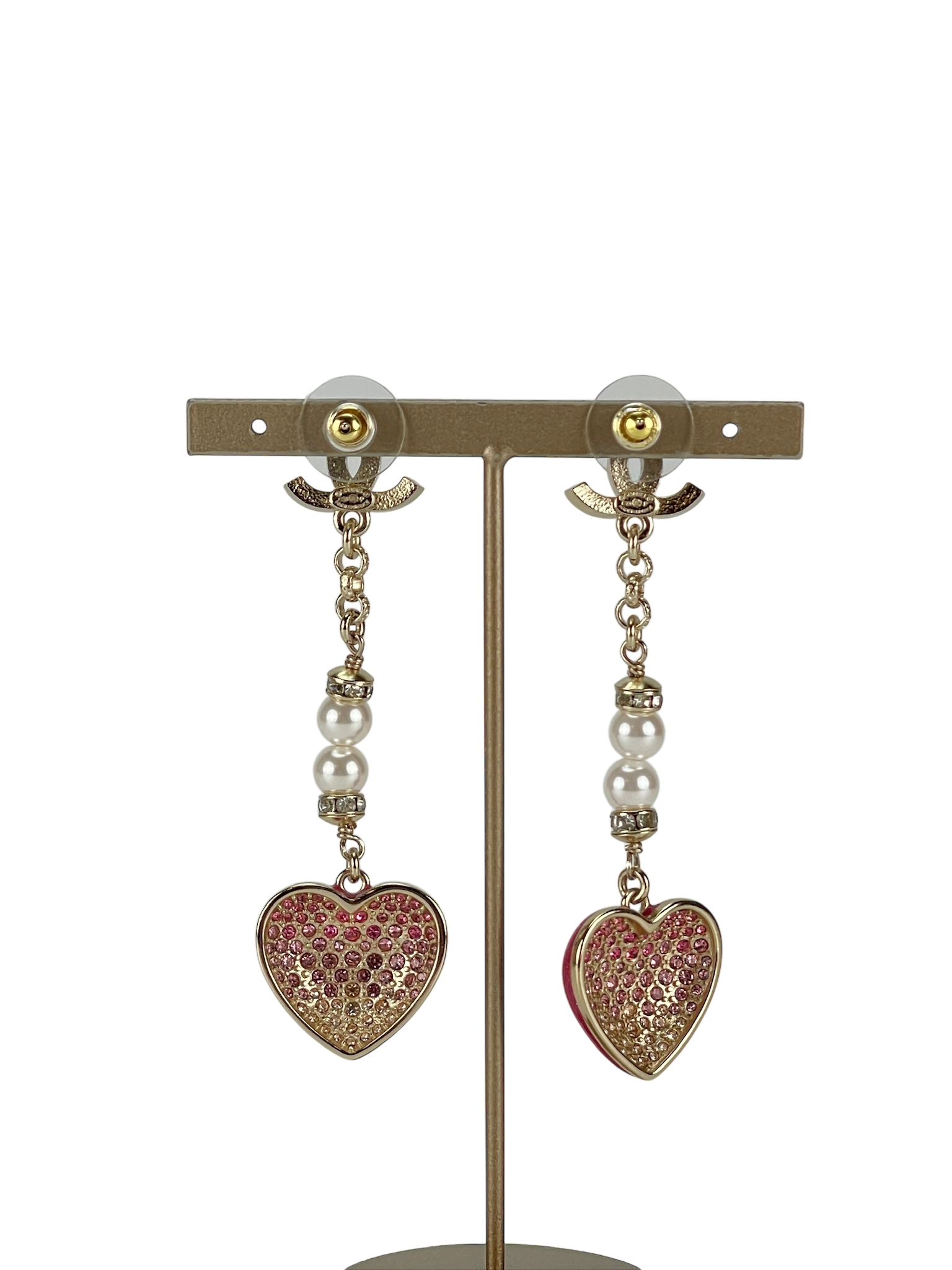 CHANEL - 23P Pink Resin Crystal Pearl Chain Heart CC Drop Earrings