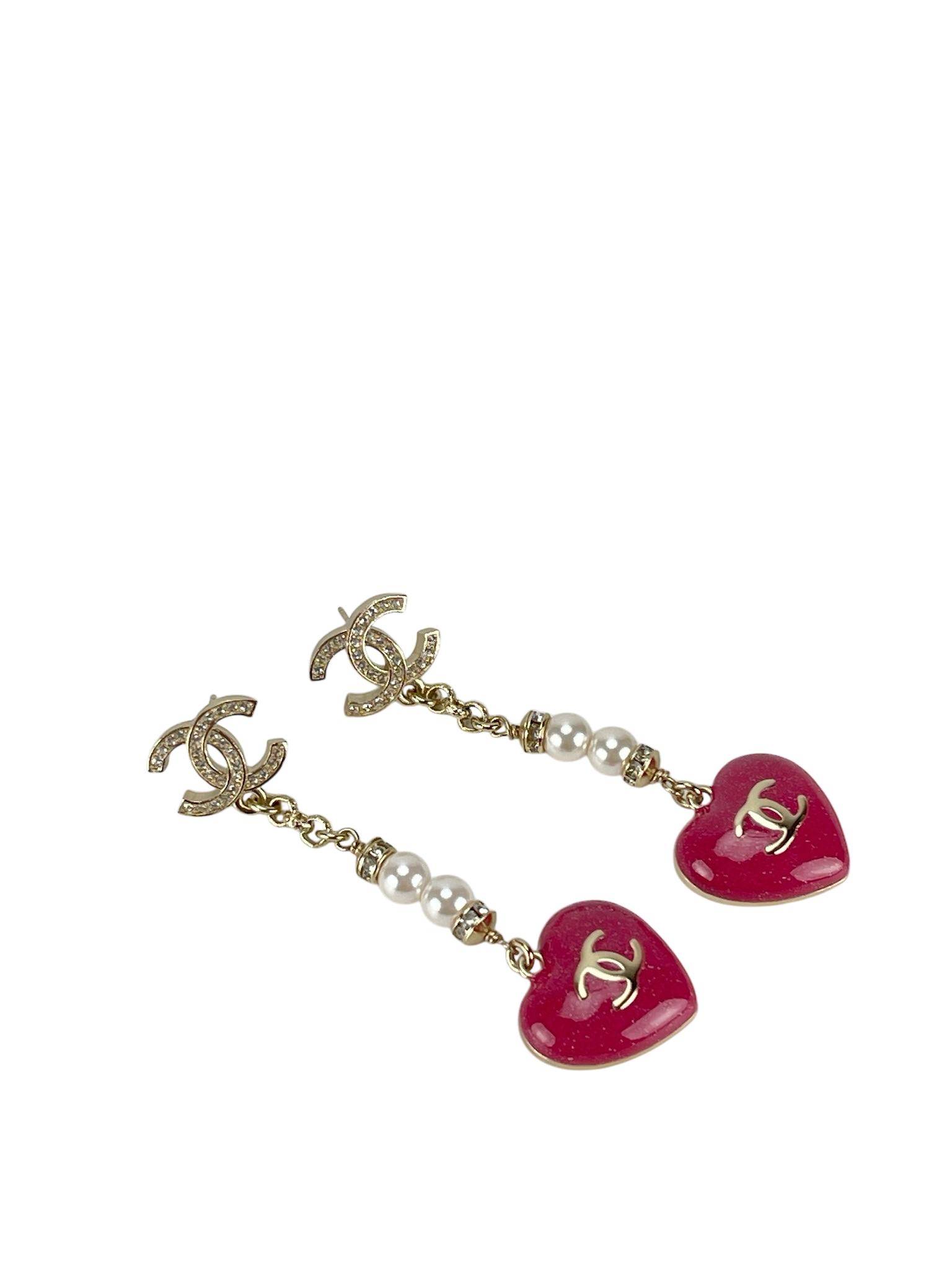 CHANEL - 23P Pink Resin Crystal Pearl Chain Heart CC Drop Earrings