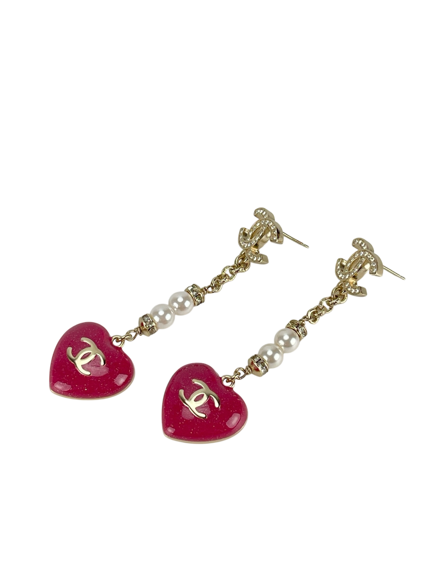 CHANEL - 23P Pink Resin Crystal Pearl Chain Heart CC Drop Earrings