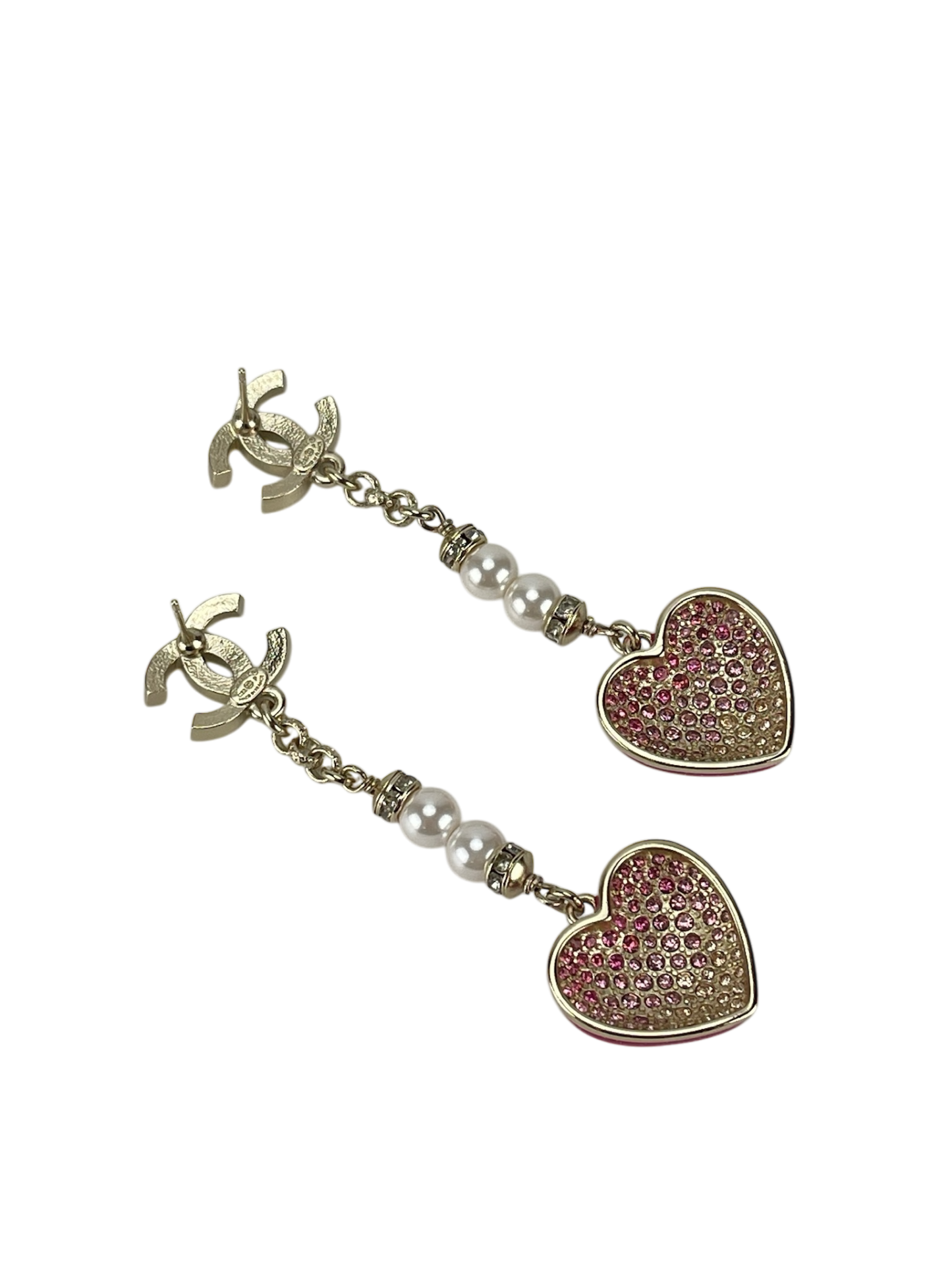 CHANEL - 23P Pink Resin Crystal Pearl Chain Heart CC Drop Earrings