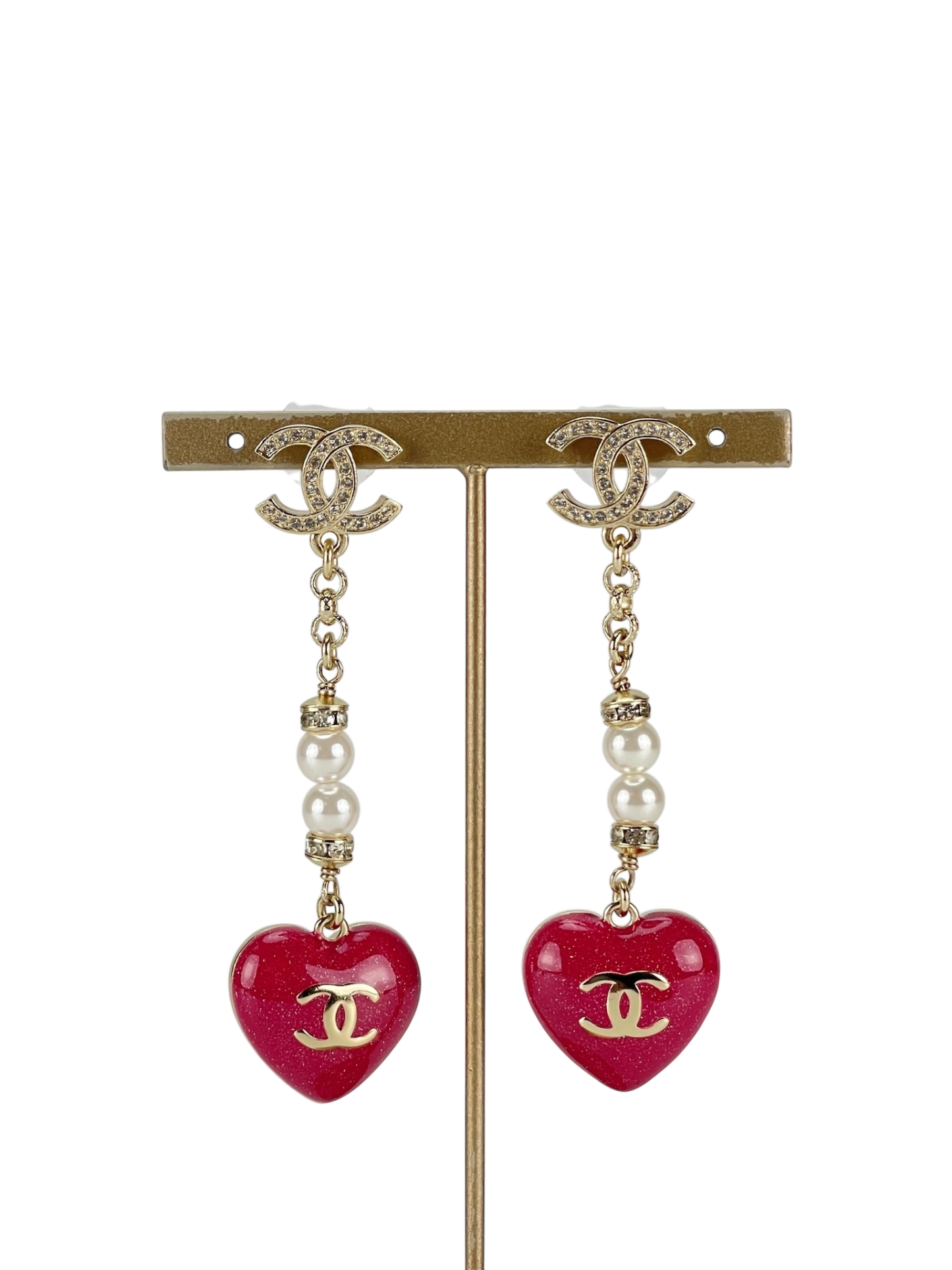 CHANEL - 23P Pink Resin Crystal Pearl Chain Heart CC Drop Earrings