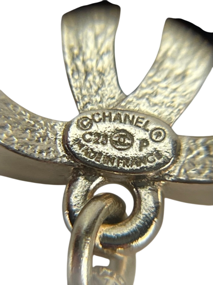 CHANEL - 23P Pink Resin Crystal Pearl Chain Heart CC Drop Earrings 