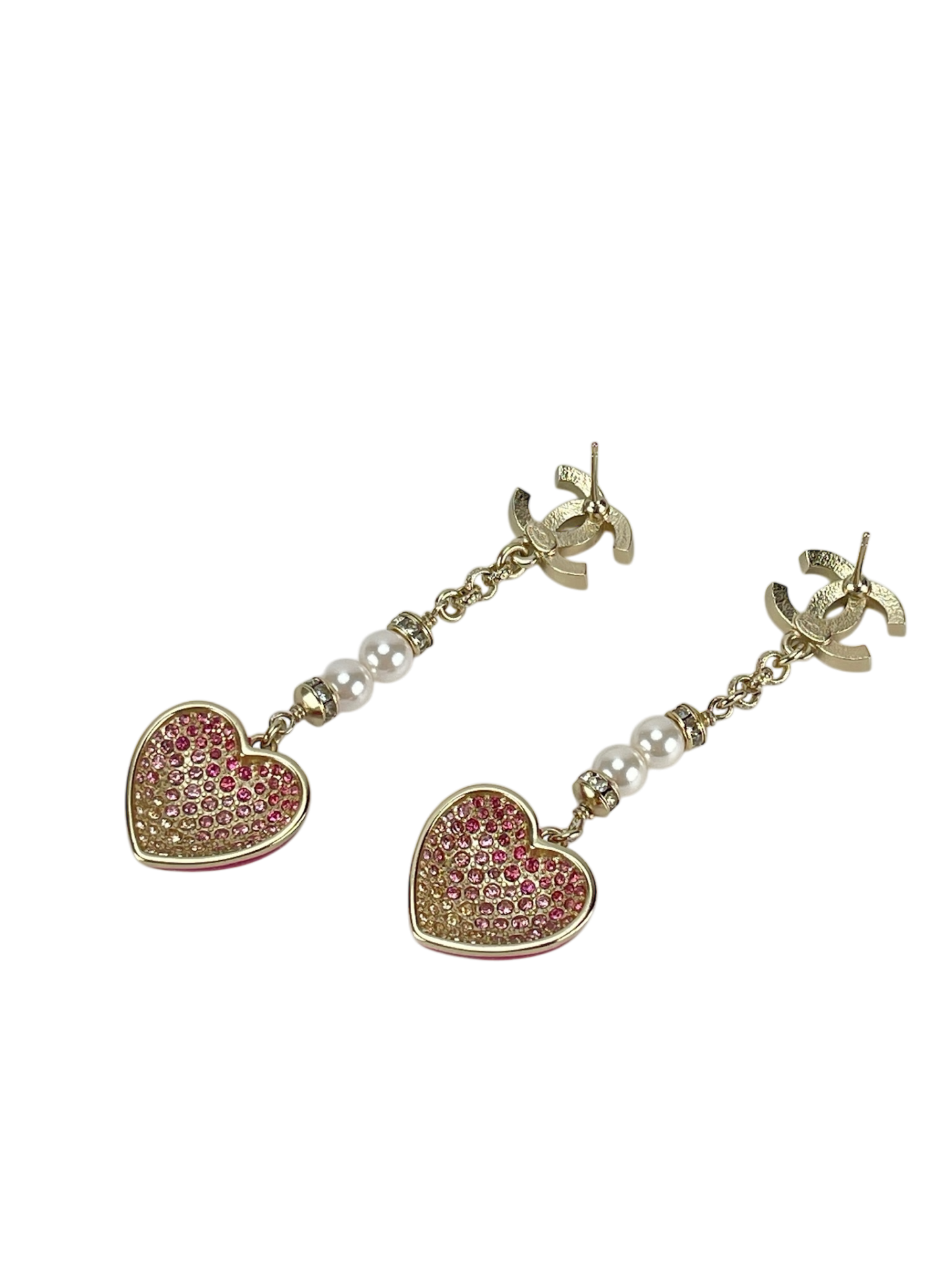 CHANEL - 23P Pink Resin Crystal Pearl Chain Heart CC Drop Earrings