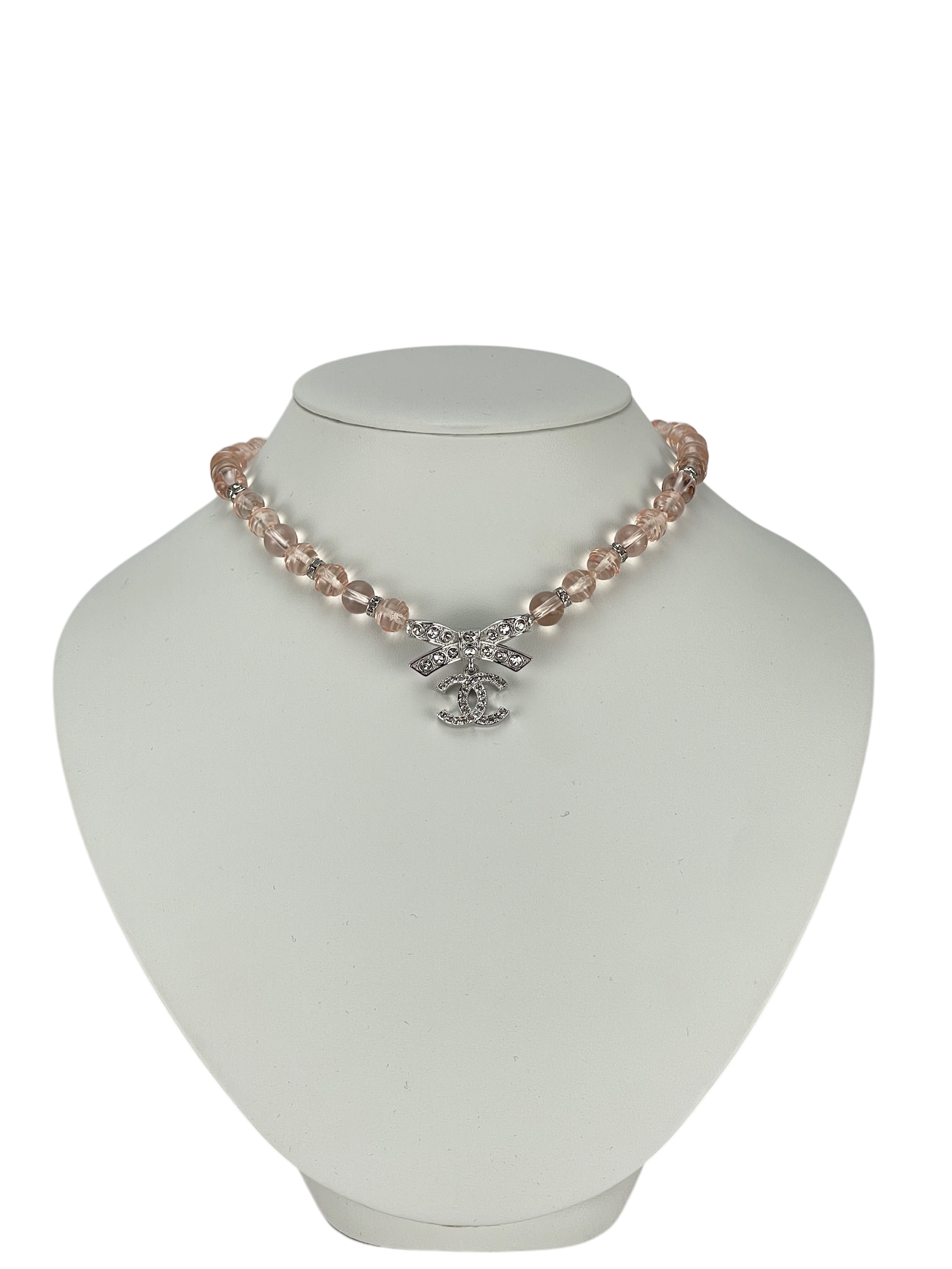 CHANEL - 23S Pink Choker Ribbon Rhinestone Coco Mark Clear  Necklace