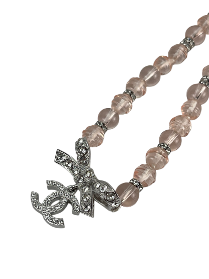 CHANEL - 23S Pink Choker Ribbon Rhinestone Coco Mark Clear  Necklace