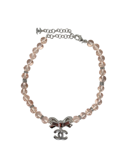CHANEL - 23S Pink Choker Ribbon Rhinestone Coco Mark Clear  Necklace