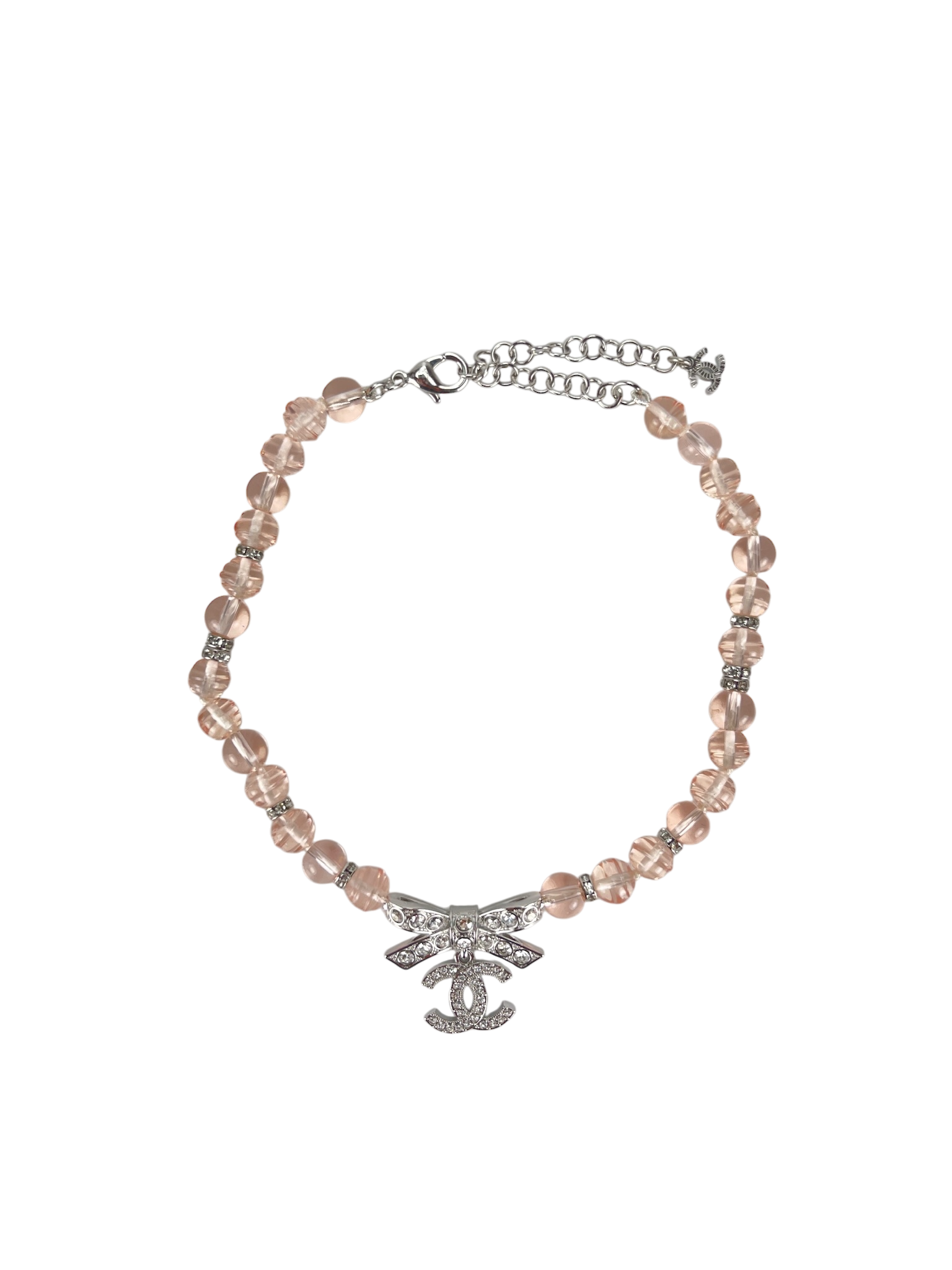 CHANEL - 23S Pink Choker Ribbon Rhinestone Coco Mark Clear  Necklace