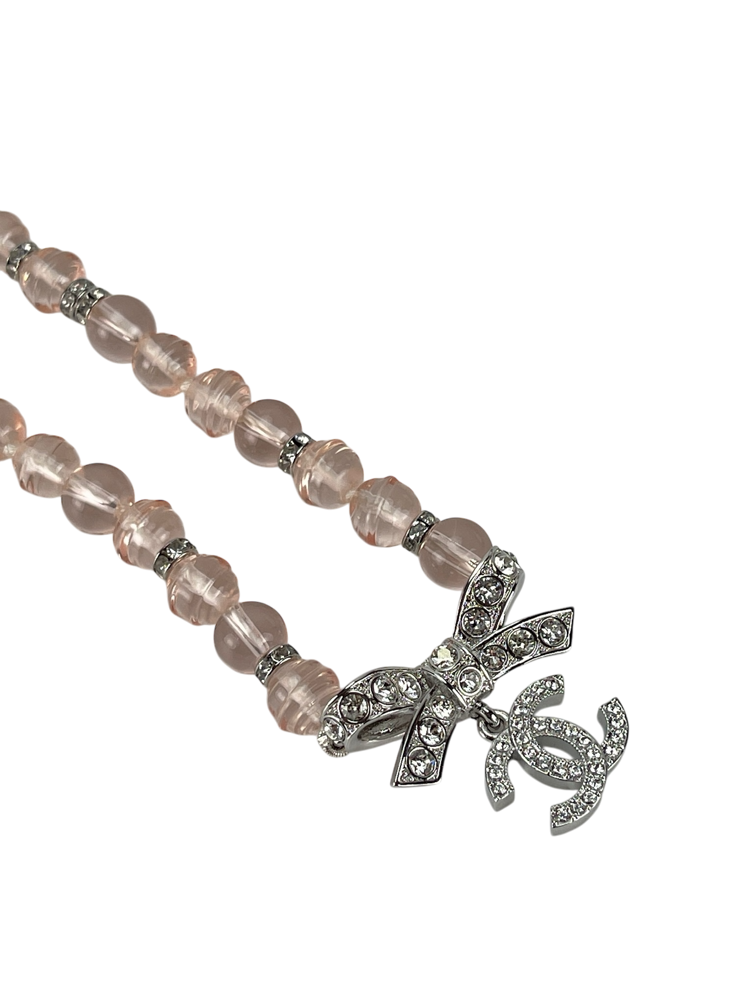 CHANEL - 23S Pink Choker Ribbon Rhinestone Coco Mark Clear  Necklace