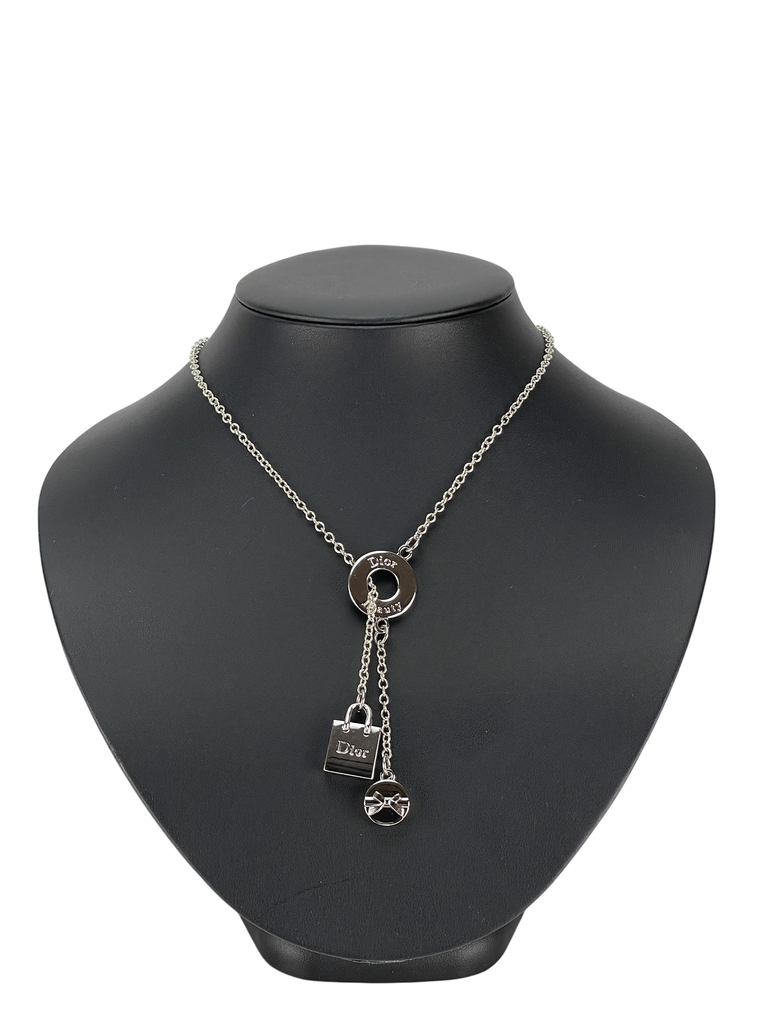 ri♡・Dior チャーム 3個 CHRISTIAN DIOR - Silver 3-row Charm Bag Beauty Logo Necklace