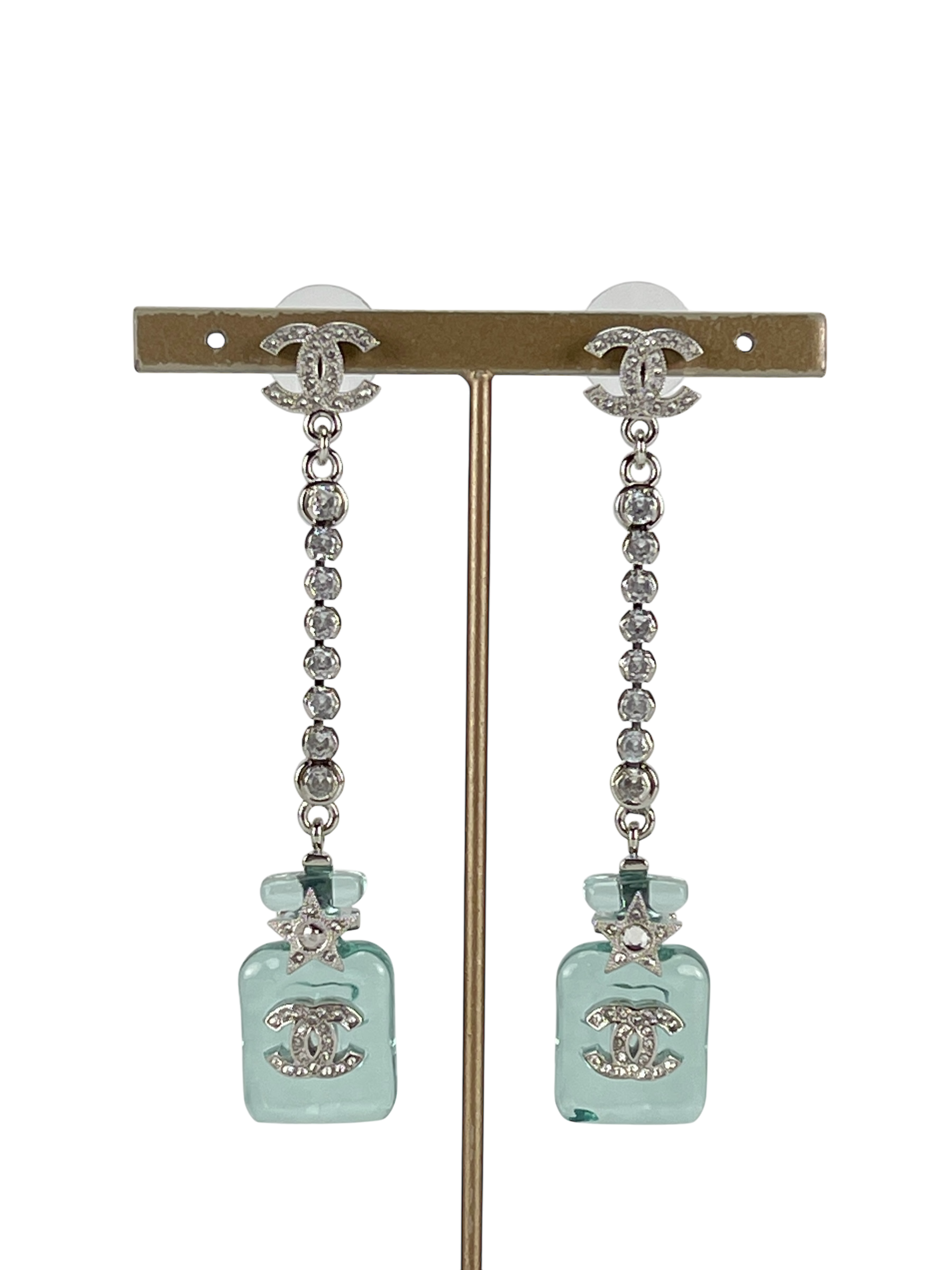 CHANEL - 23S Blue Resin Diamante Perfume Bottle Earrings 