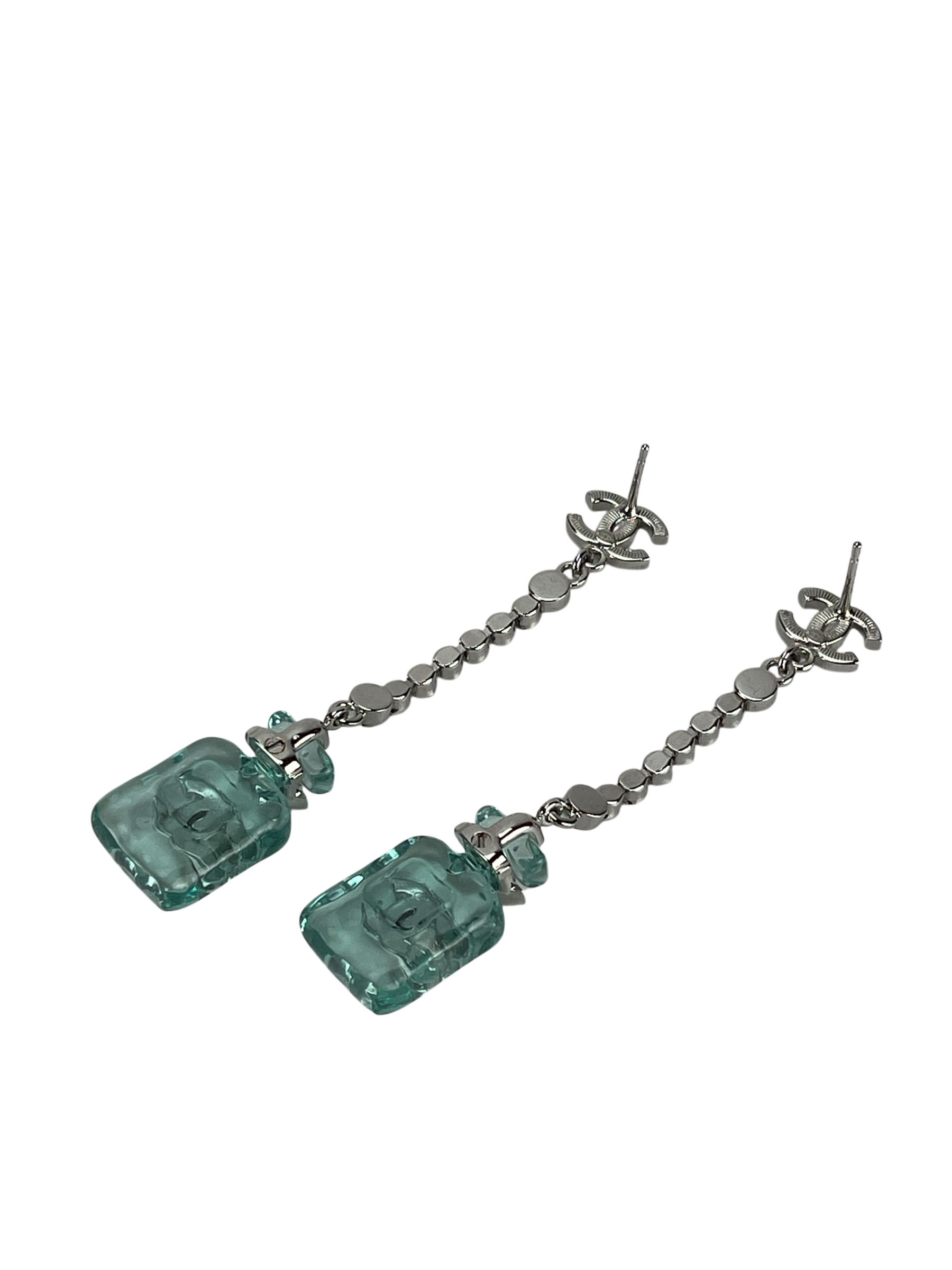 CHANEL - 23S Blue Resin Diamante Perfume Bottle Earrings 