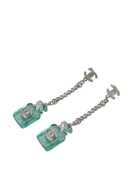 CHANEL - 23S Blue Resin Diamante Perfume Bottle Earrings 
